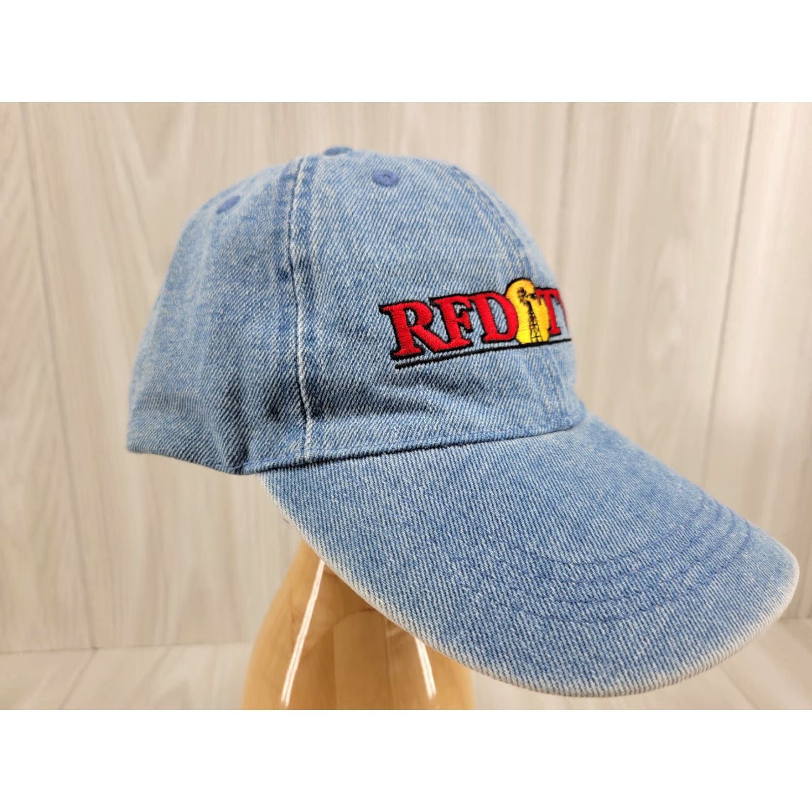 Denime VINTAGE Artwears Unlimited RFD TV Distressed Denim Jean Adjustable Ball Cap Farmers Hat Trucker Men Adjustable Blue Denim TV 90s Mens Size US 35 - 3 Thumbnail