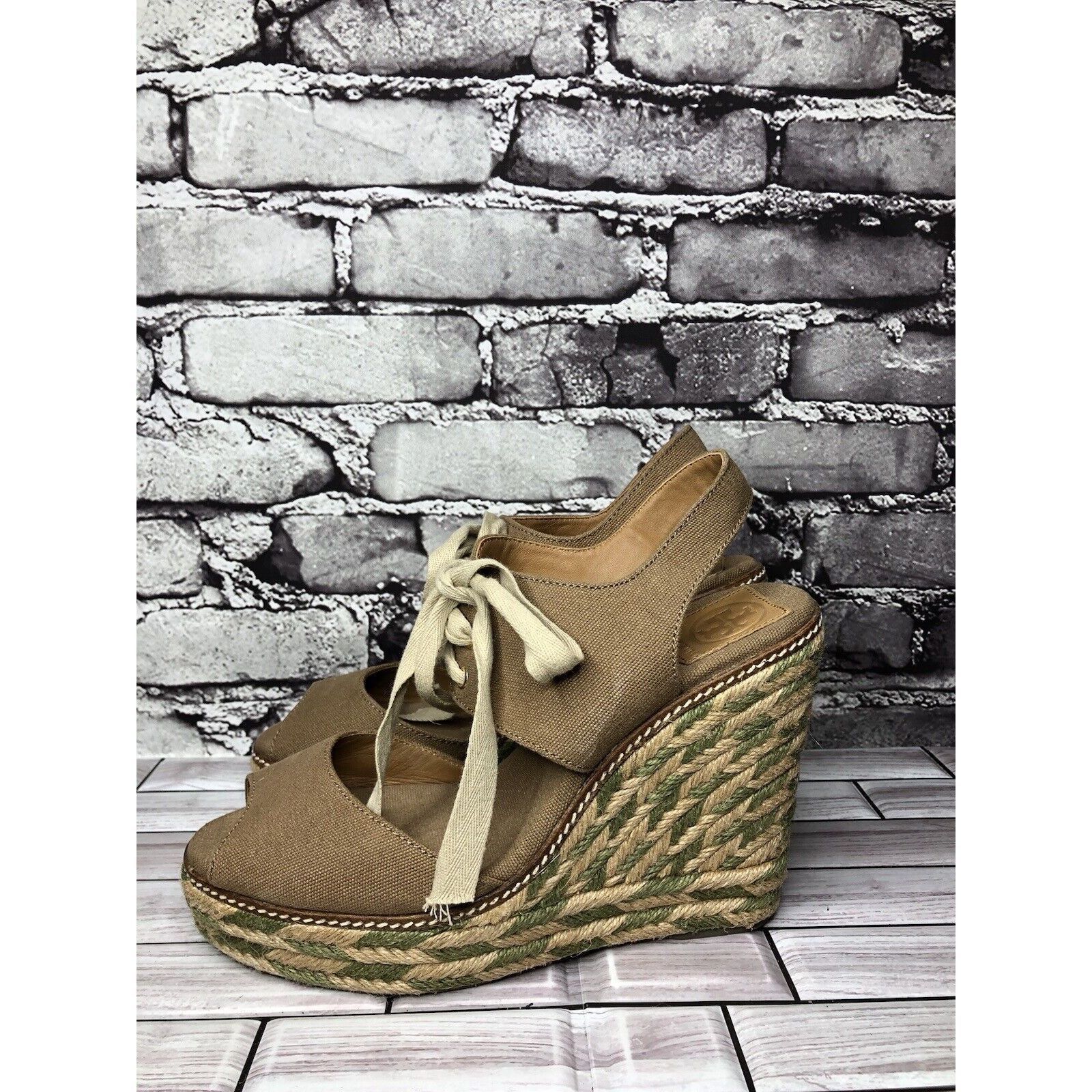 Tory Burch Tory Burch Taupe Canvas Textile Green Tan Espadrilles Wedge Size US 10 / IT 40 - 1 Thumbnail