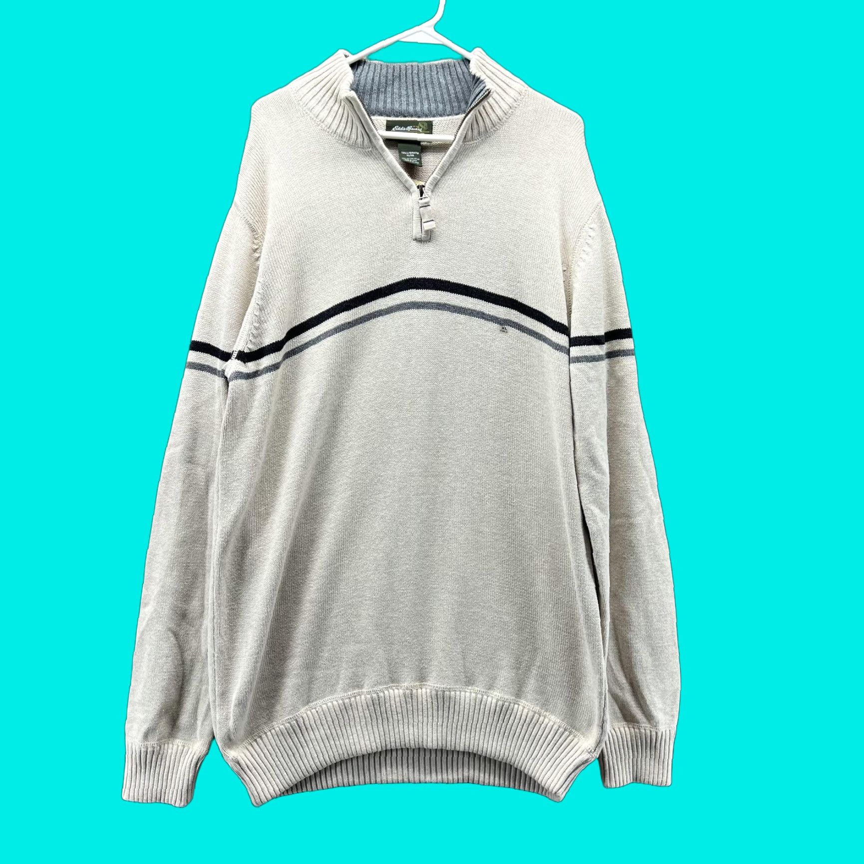 Eddie Bauer VINTAGE Eddie Bauer Pullover Sweater Mens XL Tall Beige Quarter Zip Stripes Size US XL / EU 56 / 4 - 1 Thumbnail