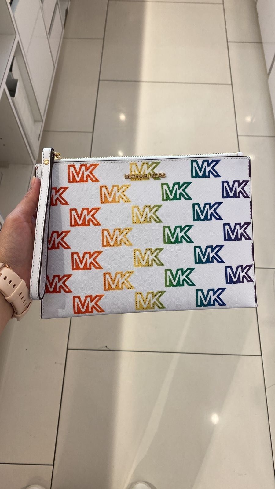 Michael kors XL zip clutch wristlet optic white multi Rainb