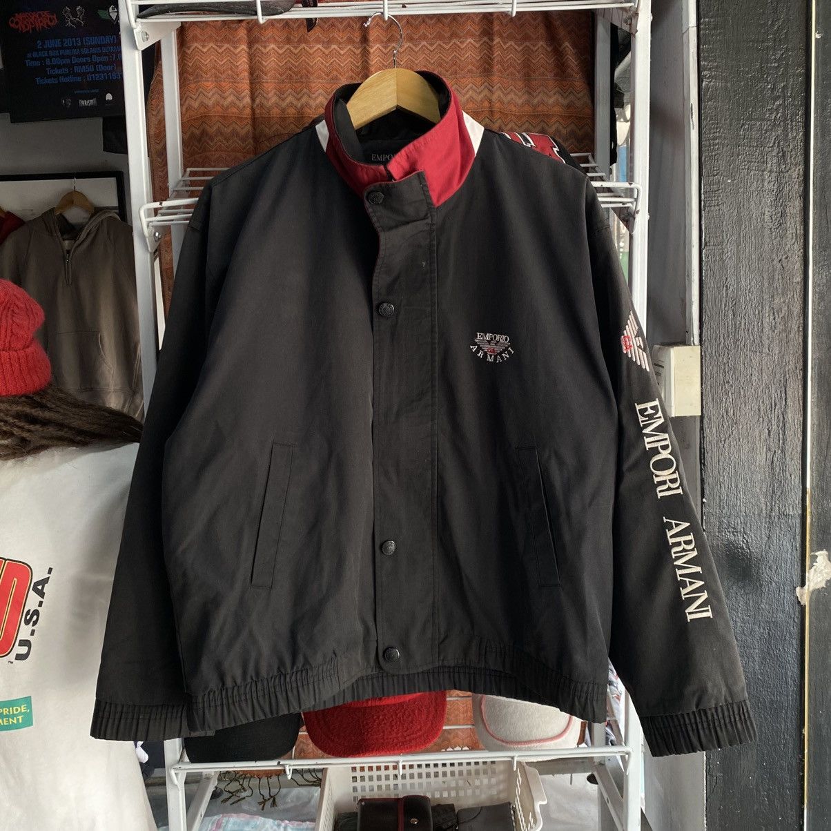 Vintage Emporio Armani Black Red Spellout Logo Bomber Jacket