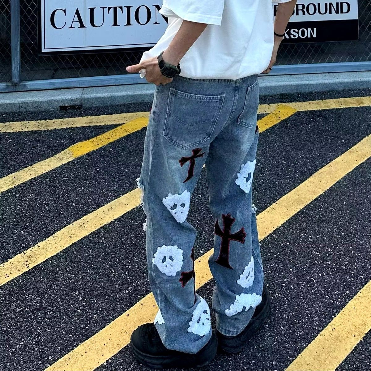 Designer × Jean High street heavy embroidered ripped straight cross jeans Size US 32 / EU 48 - 6 Thumbnail