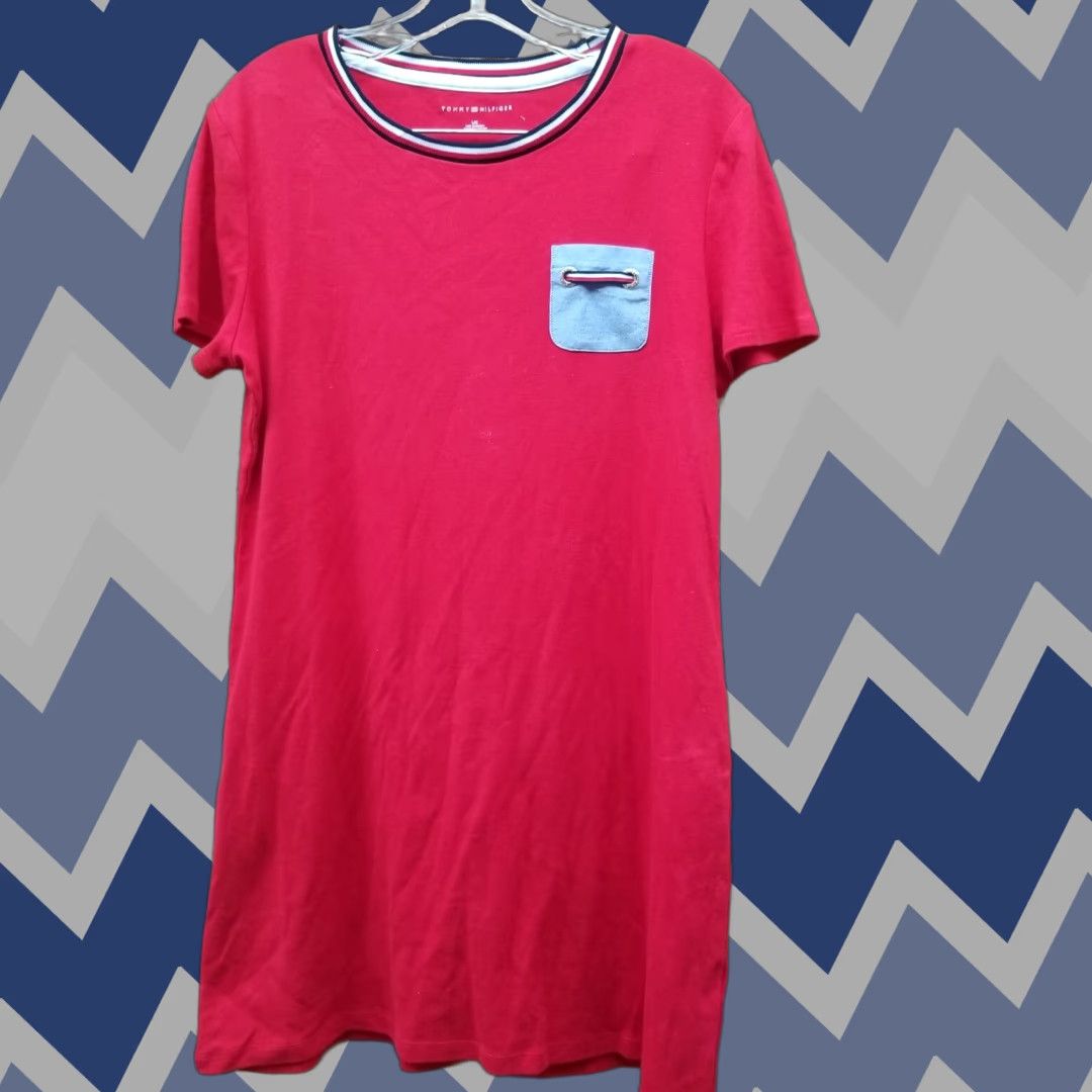 Tommy Hilfiger Tommy Hilfiger T-Shirt Dress W/ Small Pocket Size L Large Red Knit 100% Cotton Womens Casual knee length" Size L / US 10 / IT 46 - 1 Thumbnail