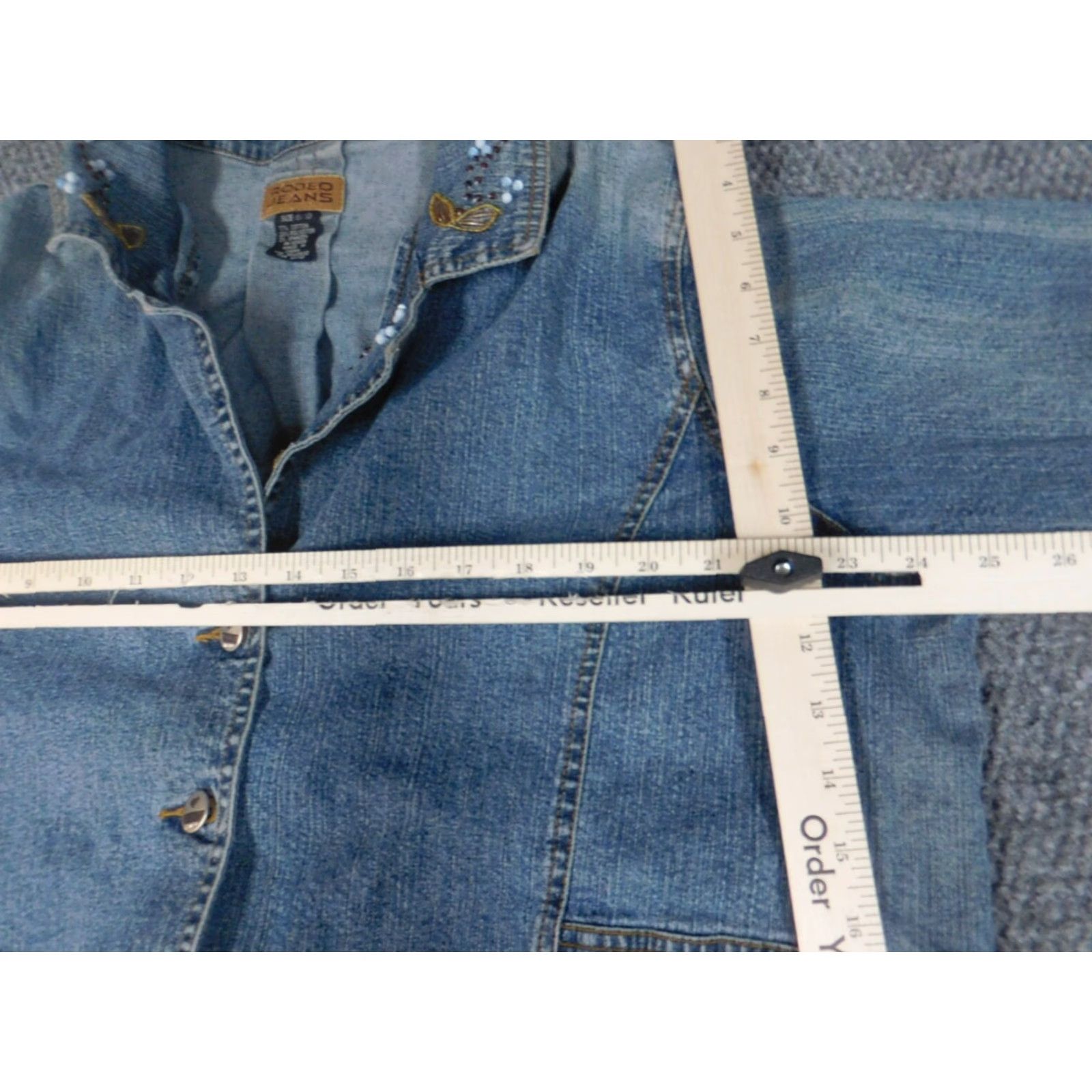 Denime Rodeo Jacket Womens 10 Blue Denim Button Long Sleeve Collared Embroidered Casual Basic Solid Mid-Length Jacket Coat Womens Size 32" / US 10 / IT 46 - 6 Thumbnail