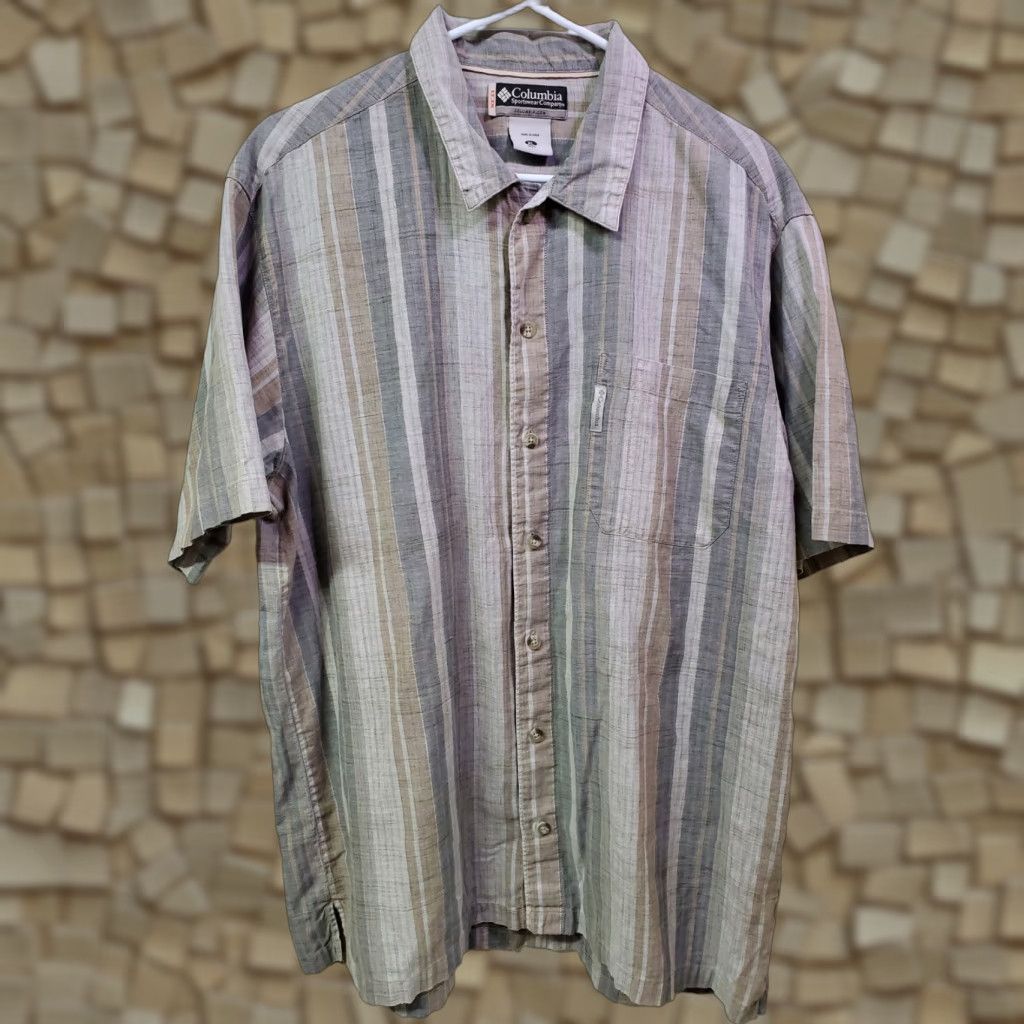 Vintage Columbia XCO Shirt Mens XL Button-Up Short Sleeve Striped Cotton Brown Gray Pocket Breathable Casual Travel Size US XL / EU 56 / 4 - 1 Thumbnail