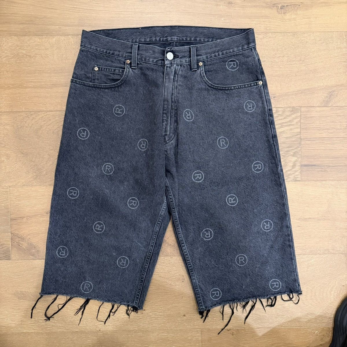 Black Washed Denim Cut Off “R” All Over Print Jean Shorts