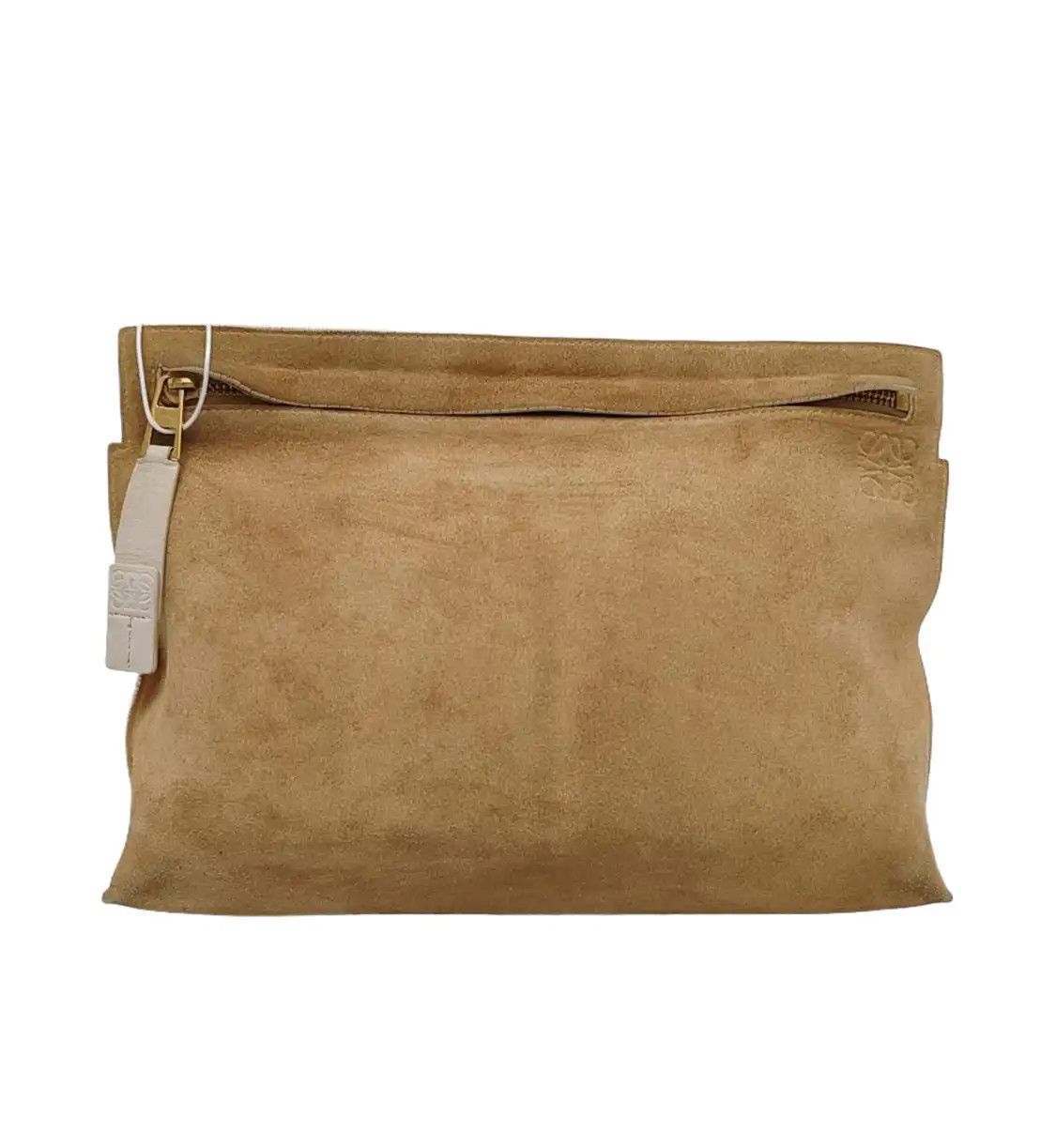 Loewe T Pouch Khaki Suede Clutch Gold Hardware in Beige, Women's