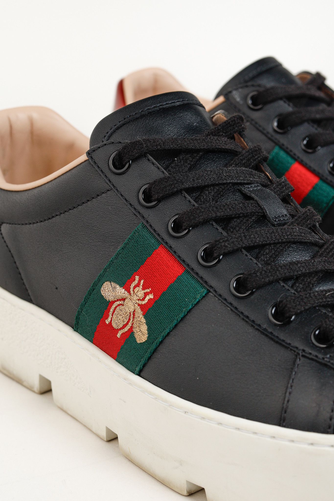 Gucci Gucci Ace Web Gold Bee Black Leather White Platform Sneaker Size US 9.5 / IT 39.5 - 7 Thumbnail