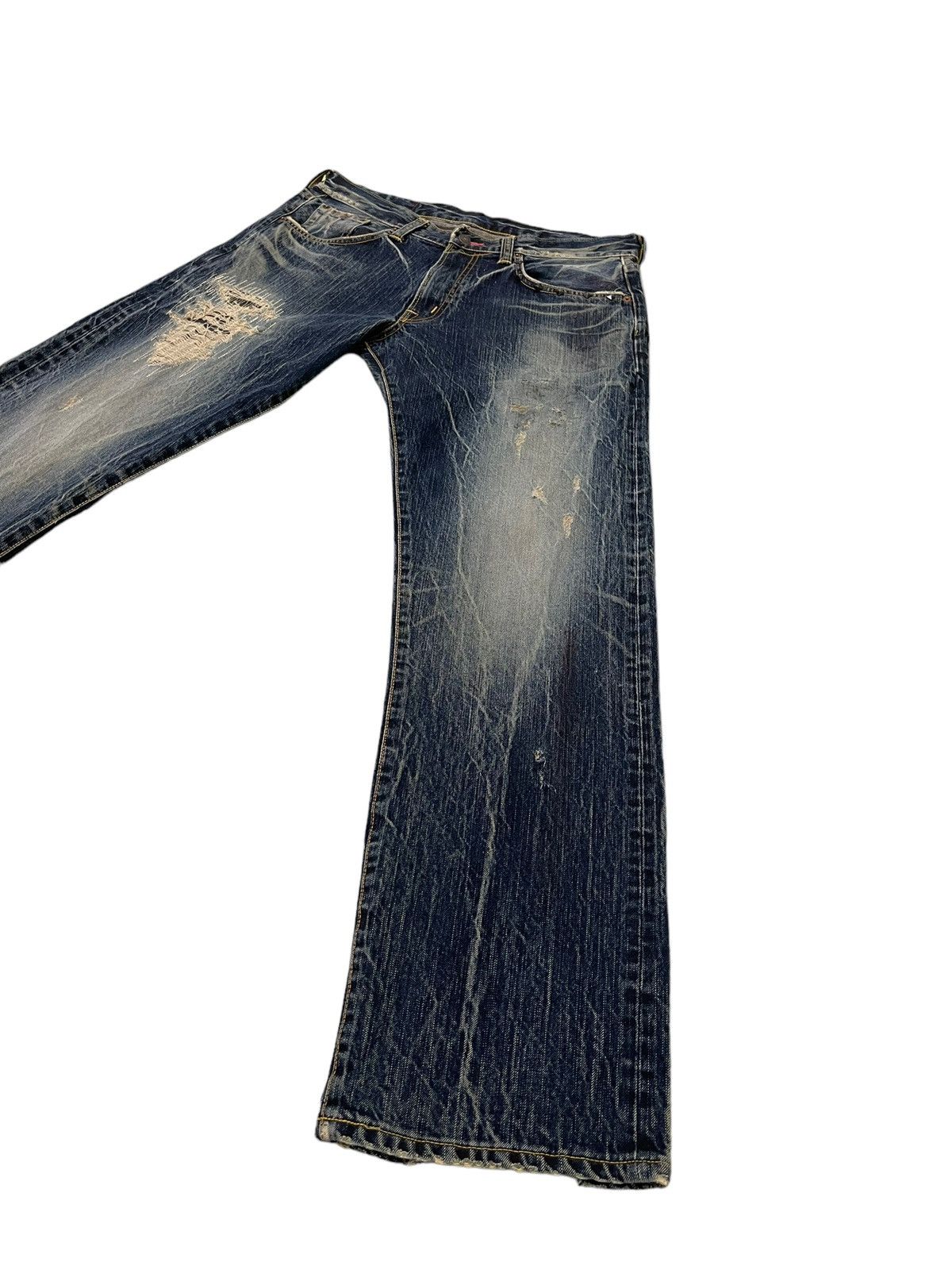 Edwin Distress Patchwork Edwin Japan Faded Acid Wash Loose 7🟦4 Size US 35 - 3 Thumbnail