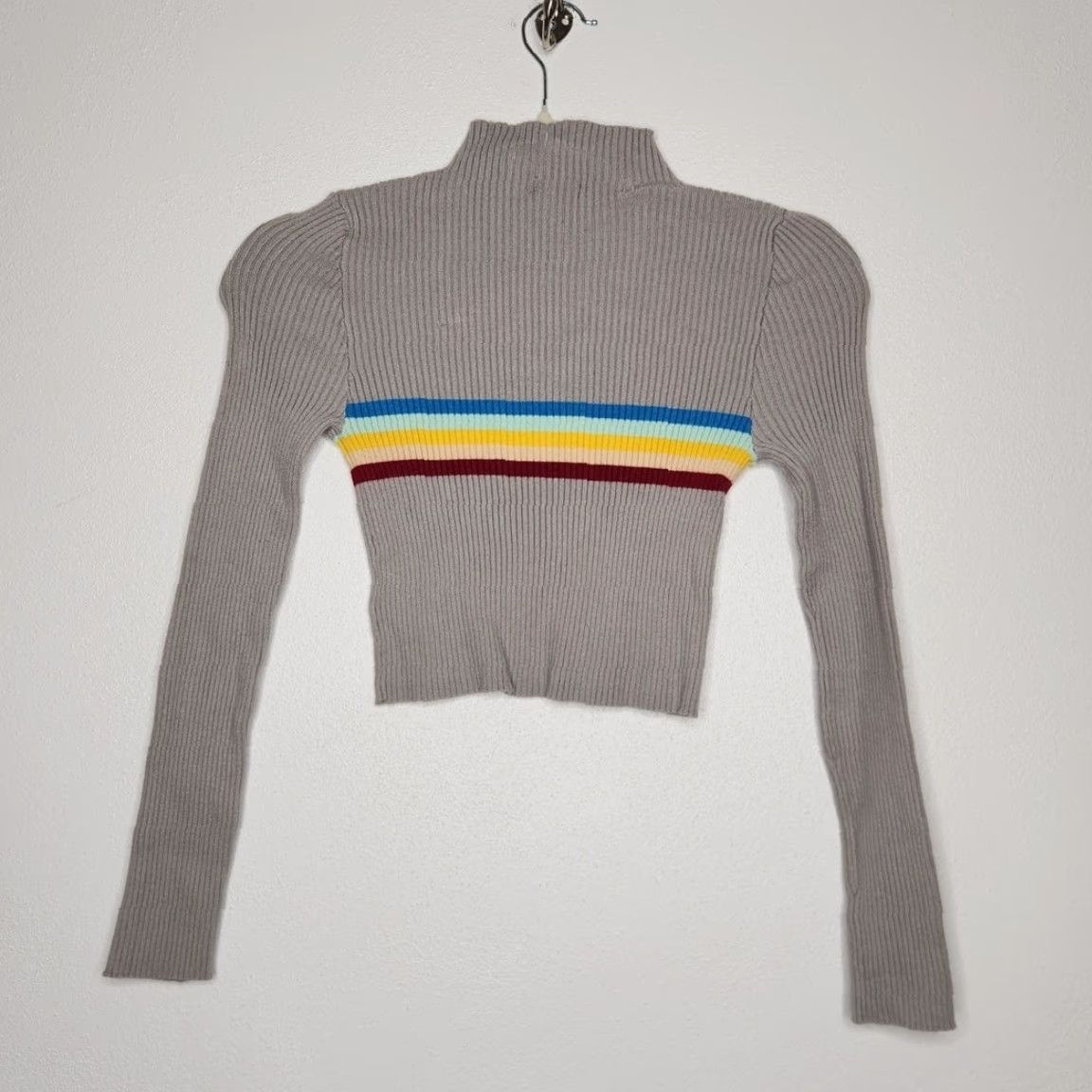 Rainbow VINTAGE Ethos Shirt Womens M Gray y2k Ribbed Cropped Rainbow Mock Neck Long Sleeve Size M / US 6-8 / IT 42-44 - 5 Thumbnail