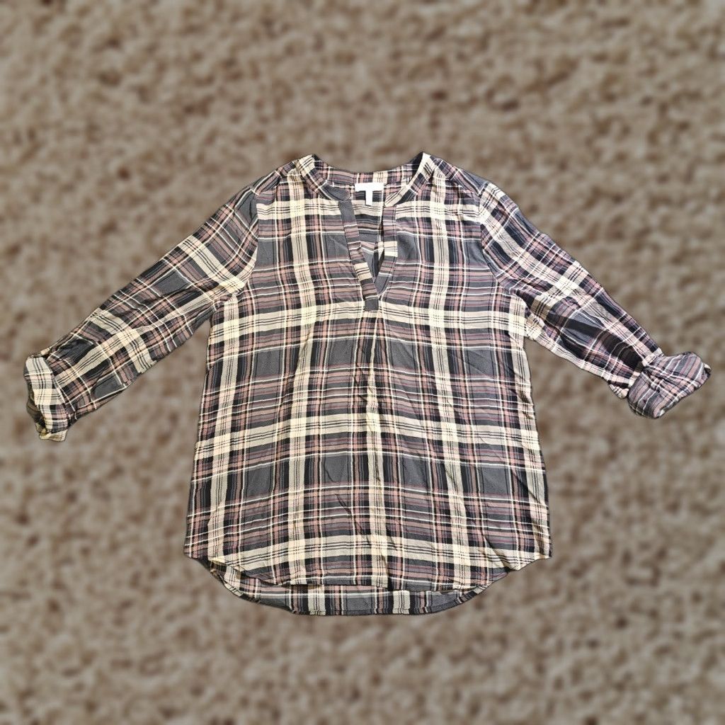 Joie JOIE Top Shirt Women Small Gray Beige Silk Plaid 3/4 Sleeve Casual Career V-Neck Blouse Shirt Womens Size S / US 4 / IT 40 - 1 Thumbnail