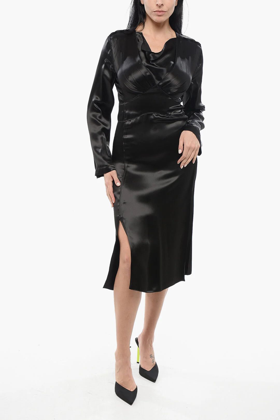 Bottega Veneta og1mm0426 V-neck Satin Dress in Black Size M / US 6-8 / IT 42-44 - 1 Thumbnail