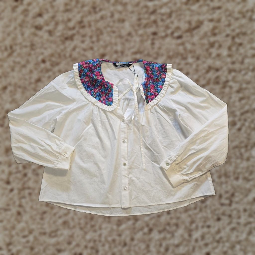 Zara Zara Top Womens Size Medium White Pink Floral Button-Up Collar Neckline Casual Shirt Size M / US 6-8 / IT 42-44 - 1 Thumbnail