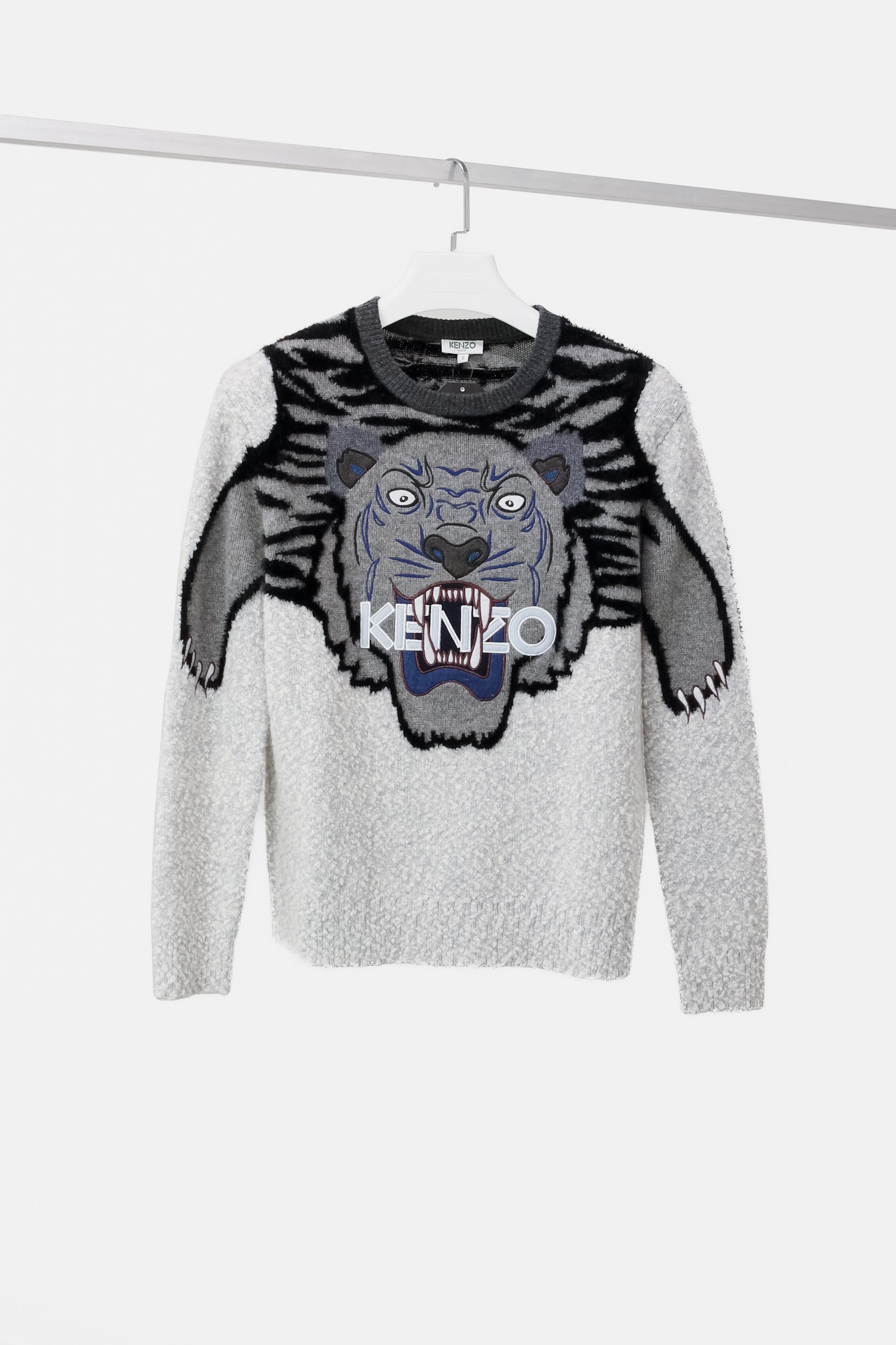 Kenzo Tiger Intarsia Grey Wool Sweater