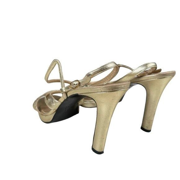 Vintage × Yves Saint Laurent Yves Saint Laurent Gold Metallic Leather 4″ Heeled Sandals S Size US 9 / IT 39 - 9 Thumbnail