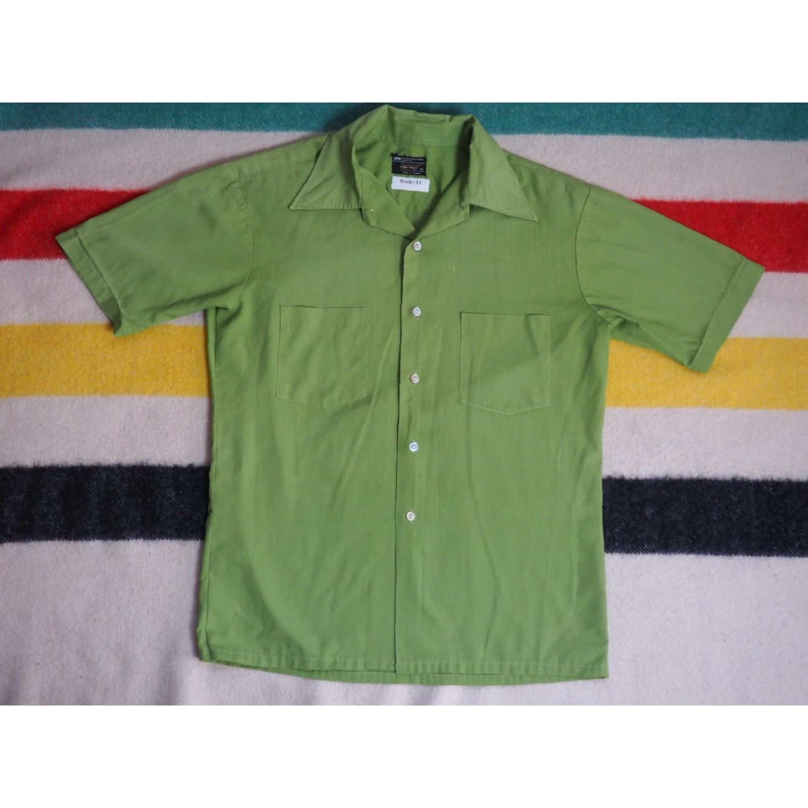 Vintage VTG 70s Towncraft Penneys Green Hippy Pocket Shirt M Polycotton Button-Front Casual Shirt Mens Size US M / EU 48-50 / 2 - 2 Thumbnail