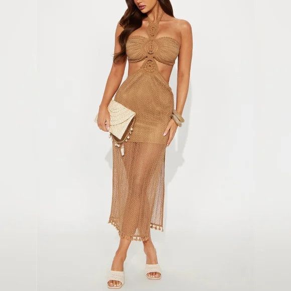 Sylvana Taupe Crochet Halter Dress Party Sexy Spring Summer