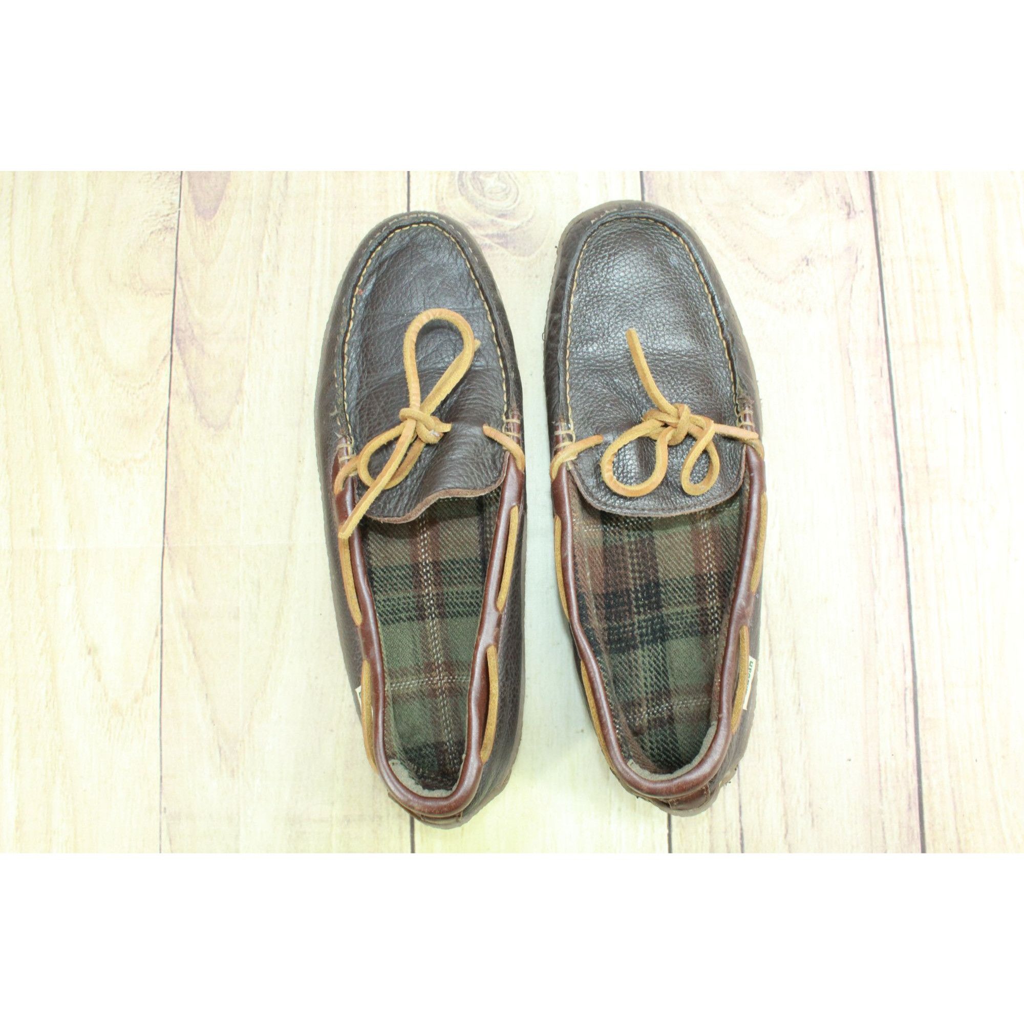 L.L. Bean LL Bean Brown Leather Flannel Lined Moccasin Slippers Size US 10 / EU 43 - 7 Thumbnail