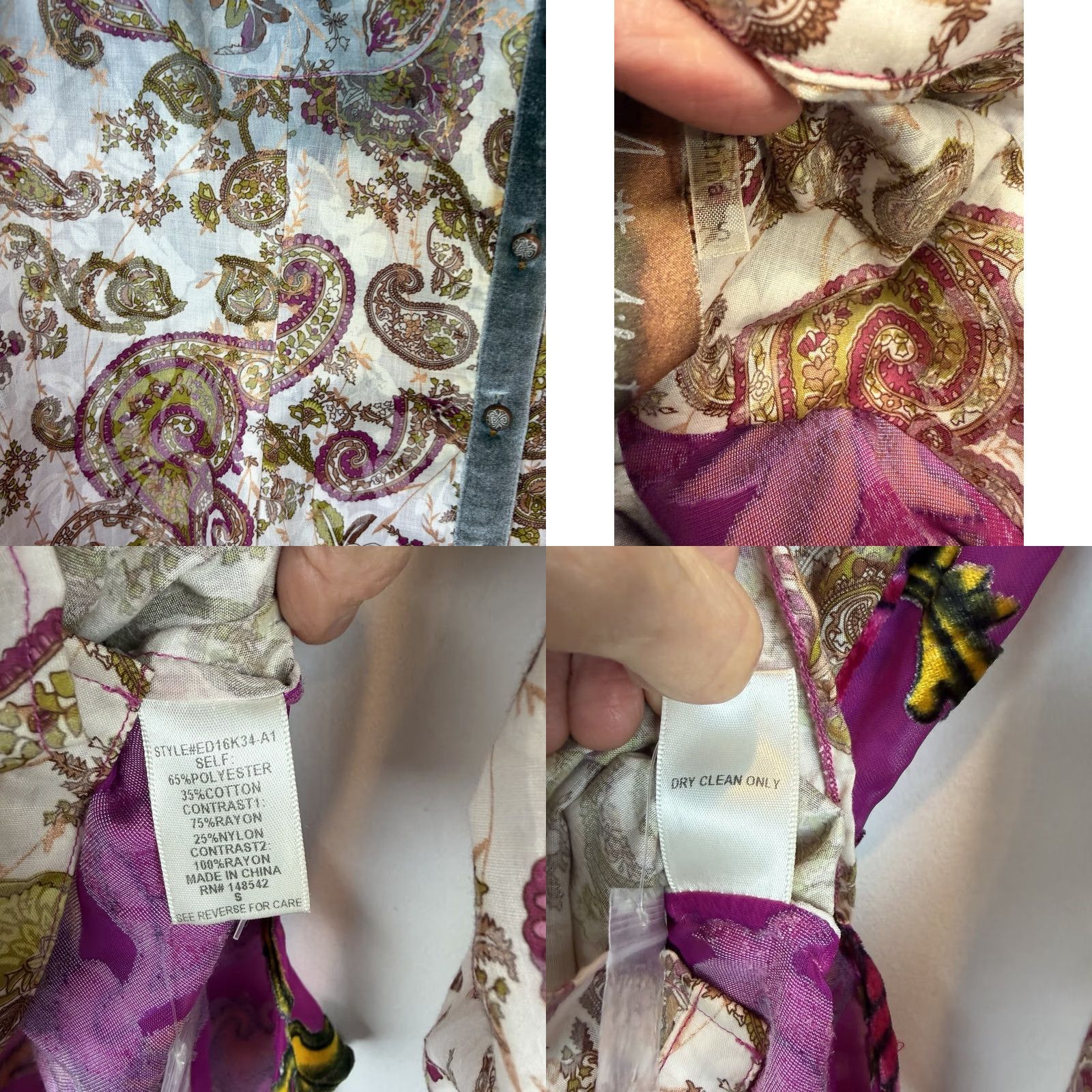 Velvet Aratta Silent Journey Blouse Womens S Velvet Floral Henley Button Long Sleeve Casual Boho Artsy Mixed Fabric Purple 27.5" 19" Measurements1> Size S / US 4 / IT 40 - 10 Thumbnail