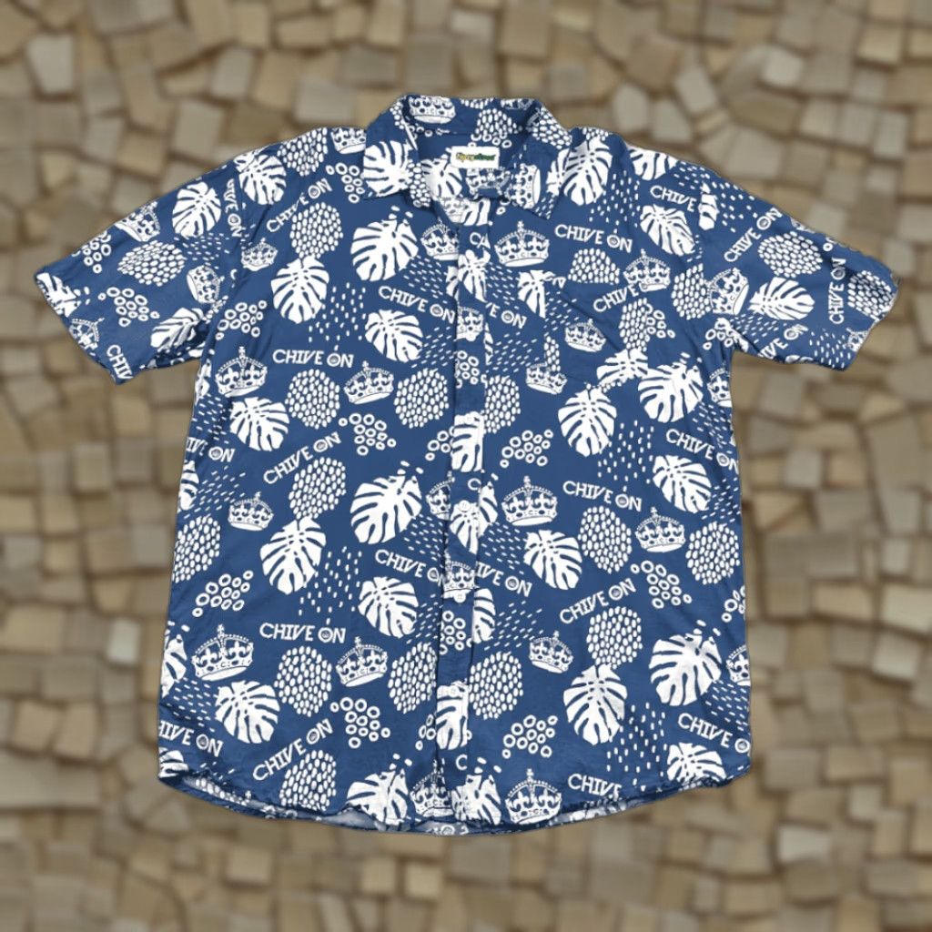 Vintage Chive On Hawaiian Shirt Blue White Botanical Crown Tipsy Elves Adult 2XL Shirt Mens Short Sleeve Button-Up Cotton Blend Graphic Print Vintage No Size US XXL / EU 58 / 5 - 1 Thumbnail