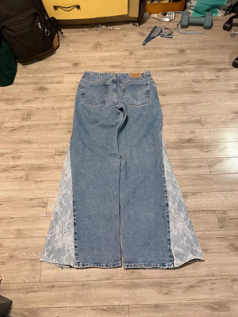 JNCO custom y2k flared flower light wash denim Size US 35 - 2 Thumbnail