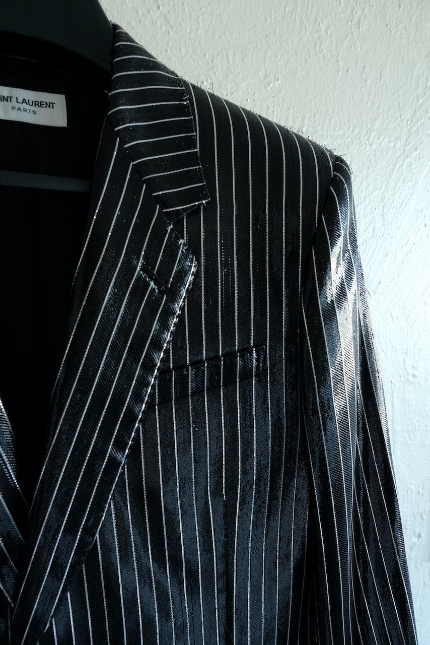Hedi Slimane × Saint Laurent Paris Saint Laurent Paris Shiny Pinstripe Blazer Coated Jacket Size 52R - 4 Thumbnail