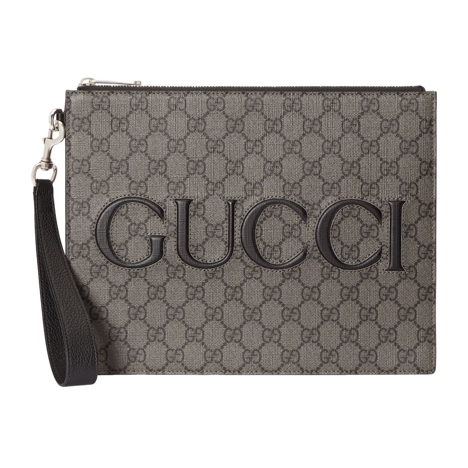 GUCCI $1250 Grey And Black GG Strap Pouch New & Authentic