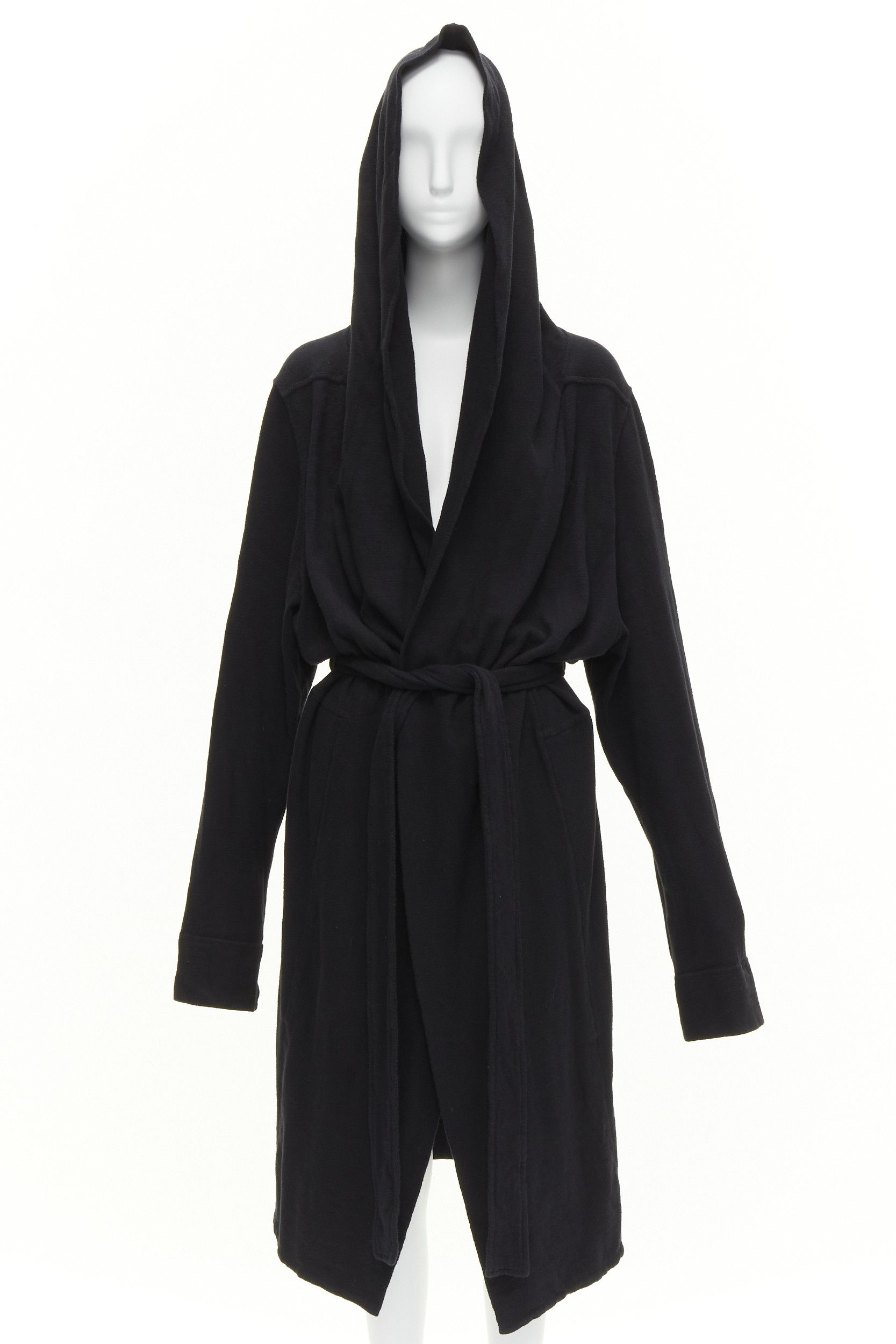 RICK OWENS DRKSHDW black cotton thick jersey hooded belted robe jacket S