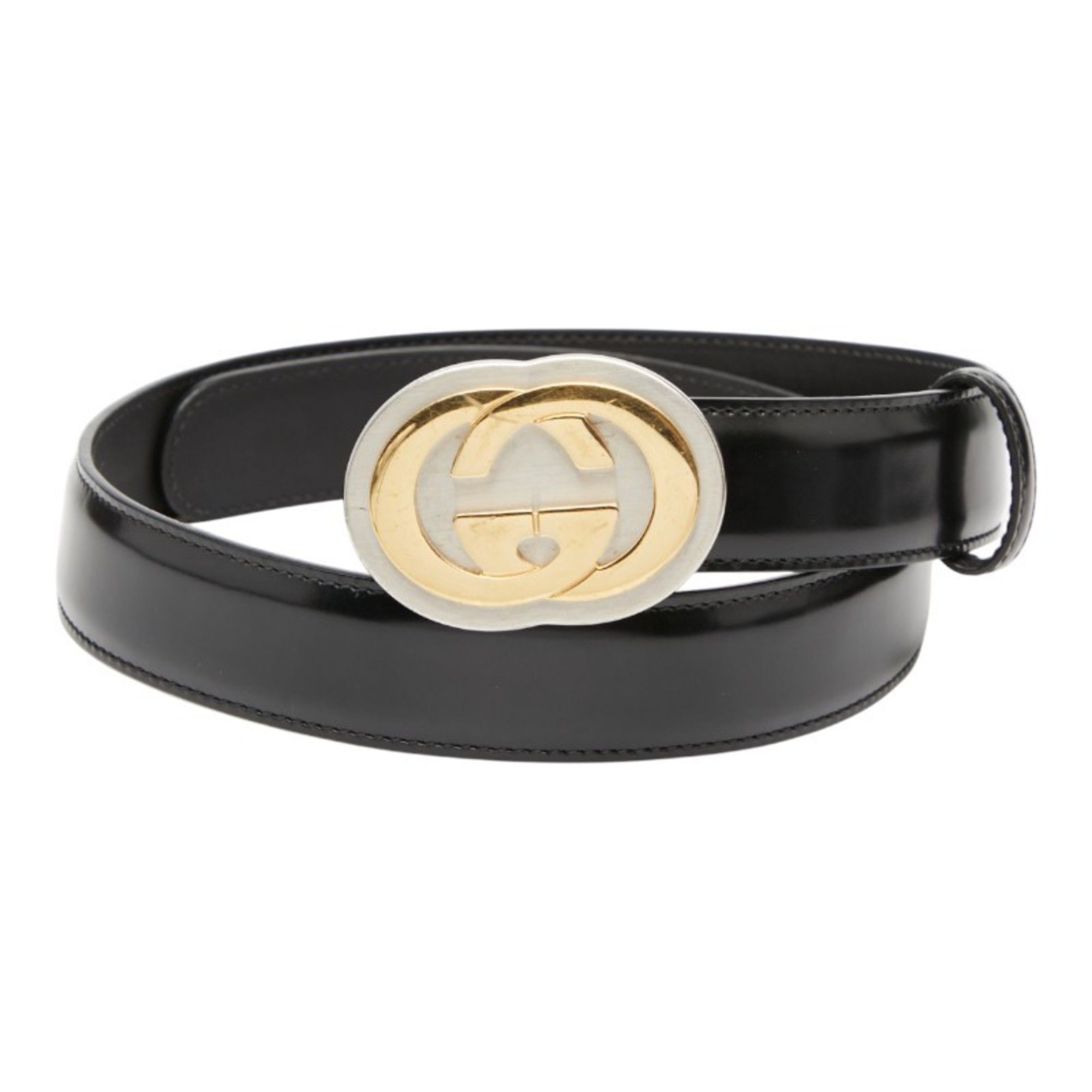 Gucci Women\'s Black Leather Skinny Belt Silver Interlocking G Buckle Size 70/28 Gucci Interlocking G Belt, Size 70 (28), Black Leather  main image 2