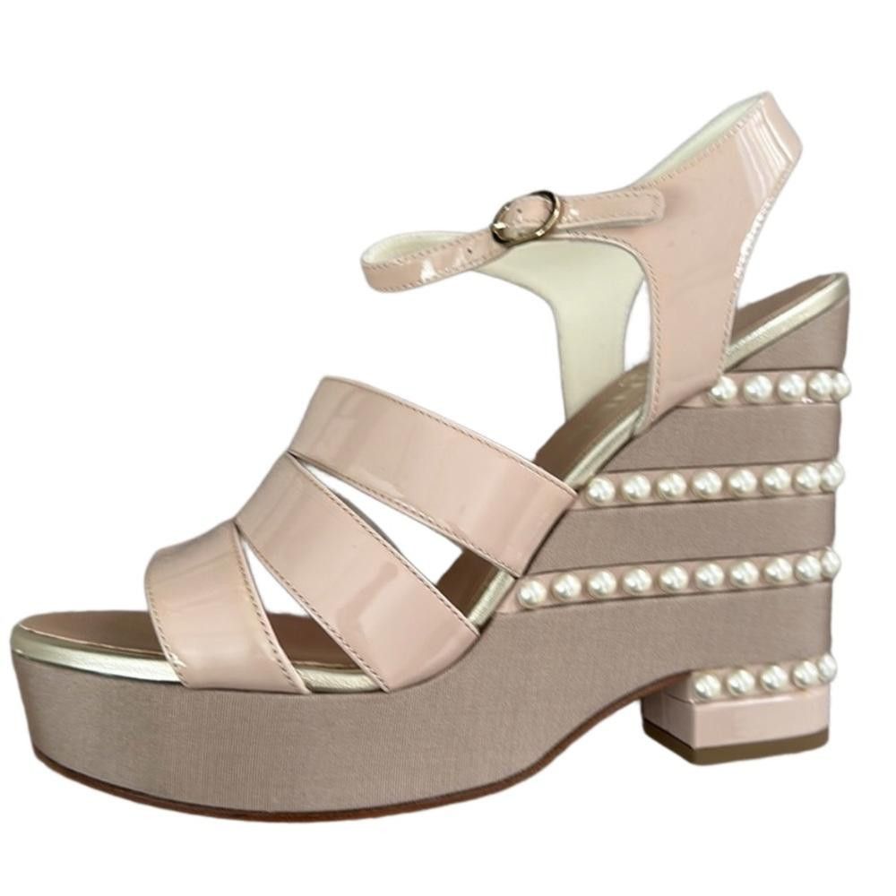 Chanel CHANEL Nude Pink-Beige Leather Pearl Wedge Sandals EU 42 Size US 10.5 / IT 40.5 - 2 Thumbnail
