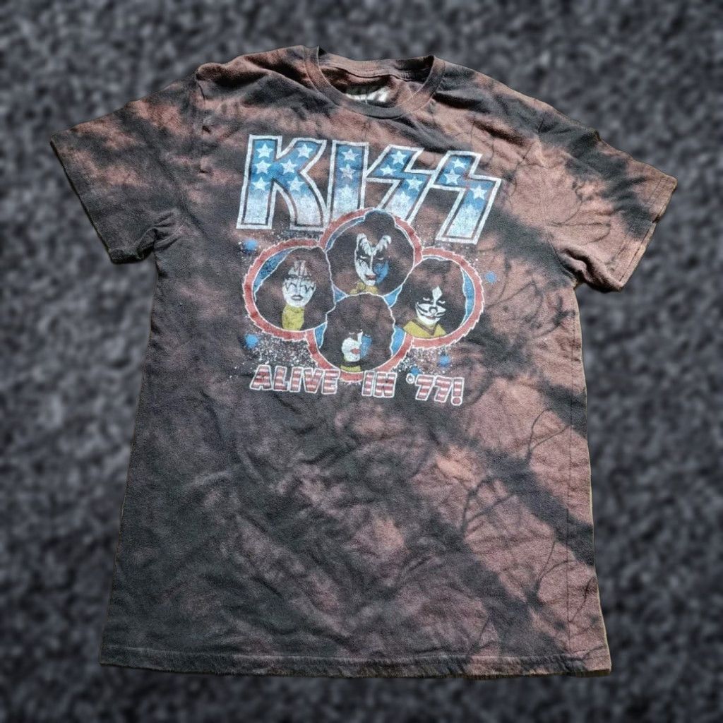 Vintage KISS Band Black Custom Bleach Dye T Shirt Womens Large Size L / US 10 / IT 46 - 1 Thumbnail