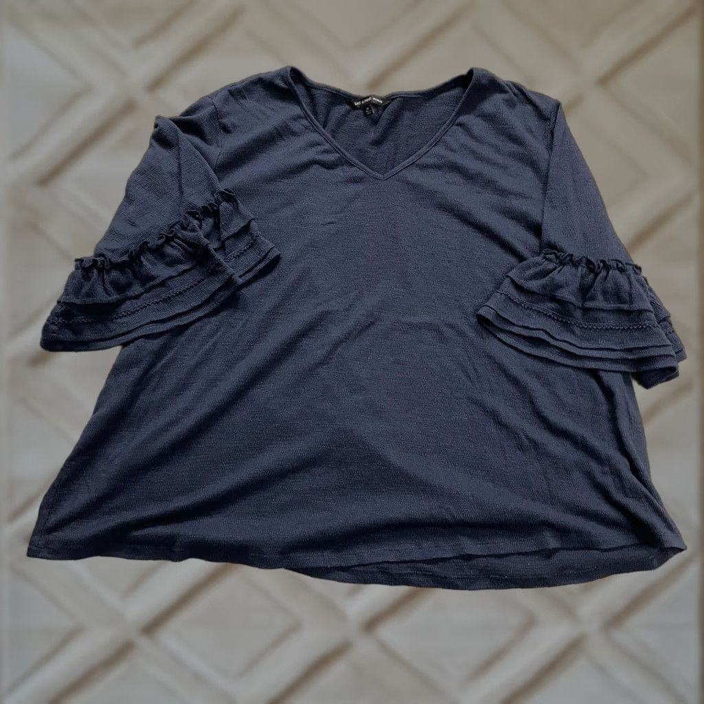 Vintage Zac & Rachel Blouse Womens 2XL Navy Blue V-Neck Ruffle Sleeve Stretch Casual Top Size XXL / US 16-18 / IT 52-54 - 1 Thumbnail