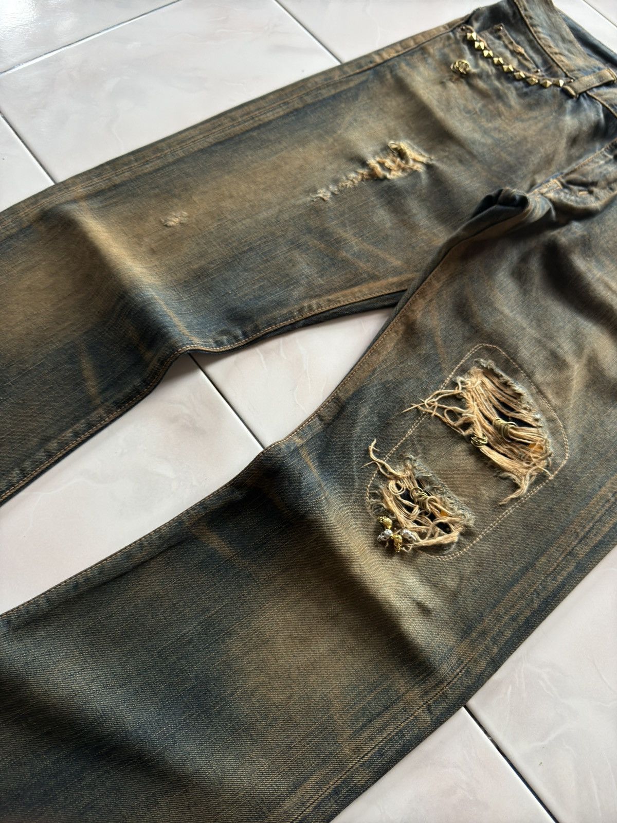 If Six Was Nine Rare Edwin 535 Pierced & Studs Heavy Mud Wash Flared Jeans Size US 32 / EU 48 - 13 Thumbnail