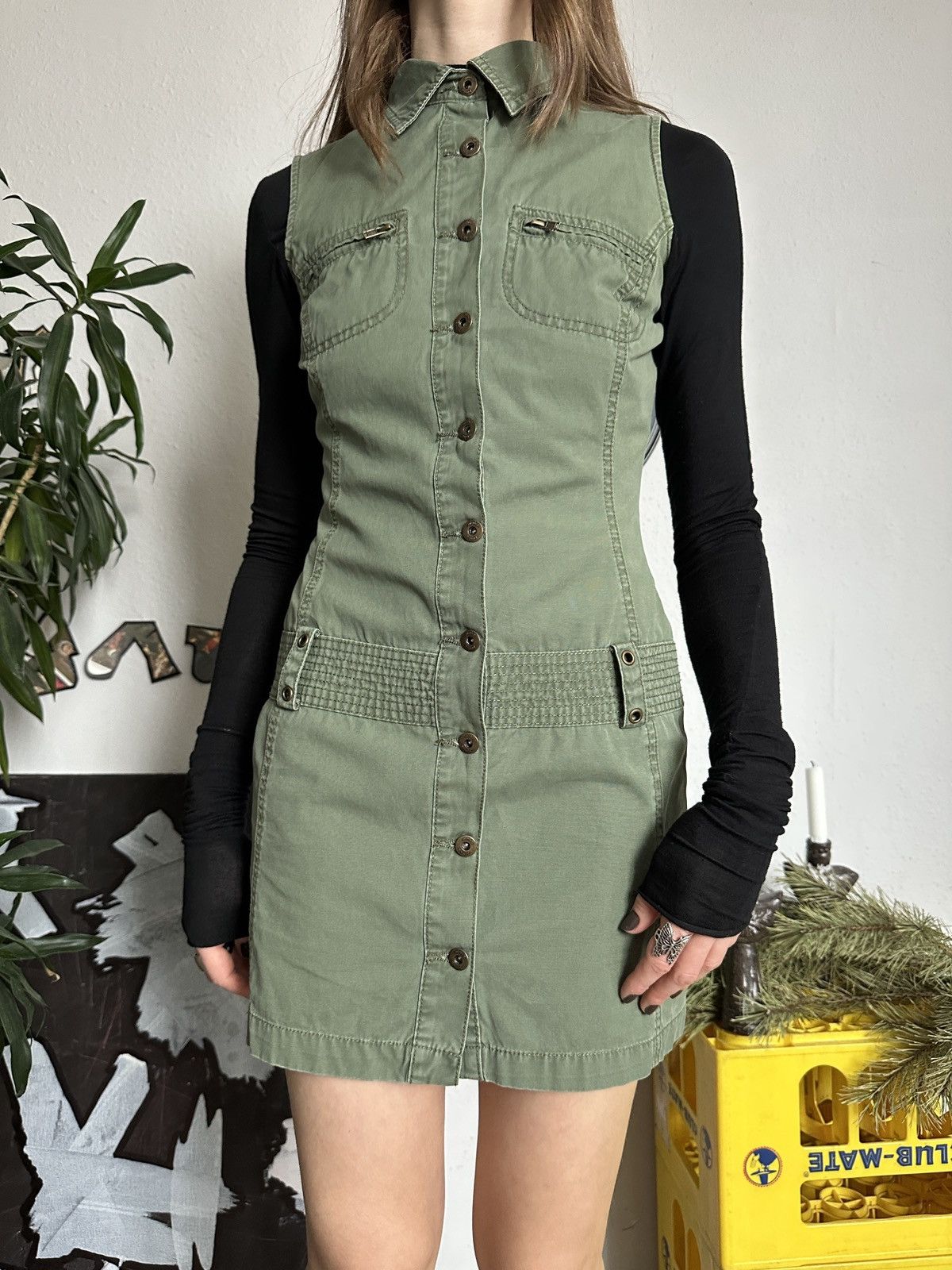 20471120 × Japanese Brand × Seditionaries Military Y2K Cotton Khaki Button Up Mini Dress Size ONE SIZE - 3 Thumbnail