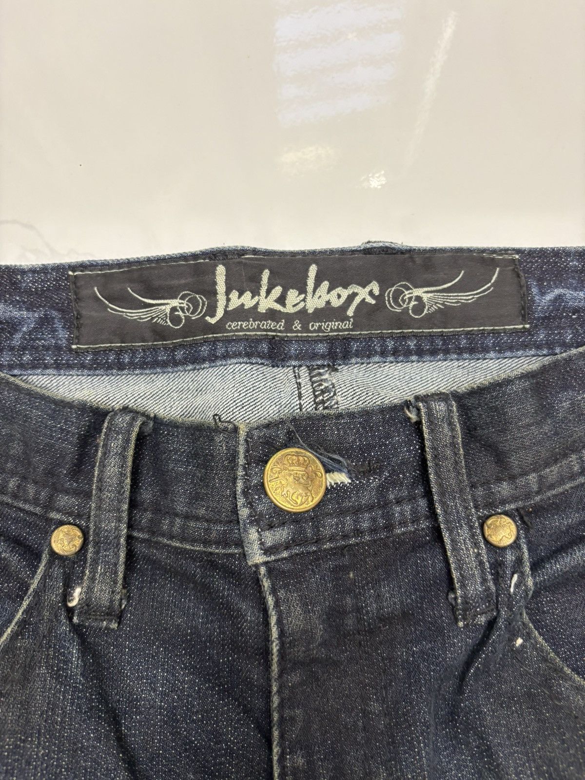Tornado Mart JAPANESE JUKEBOX WHISKER DARK DISTRESSED DENIM JEANS Size US 31 - 11 Thumbnail