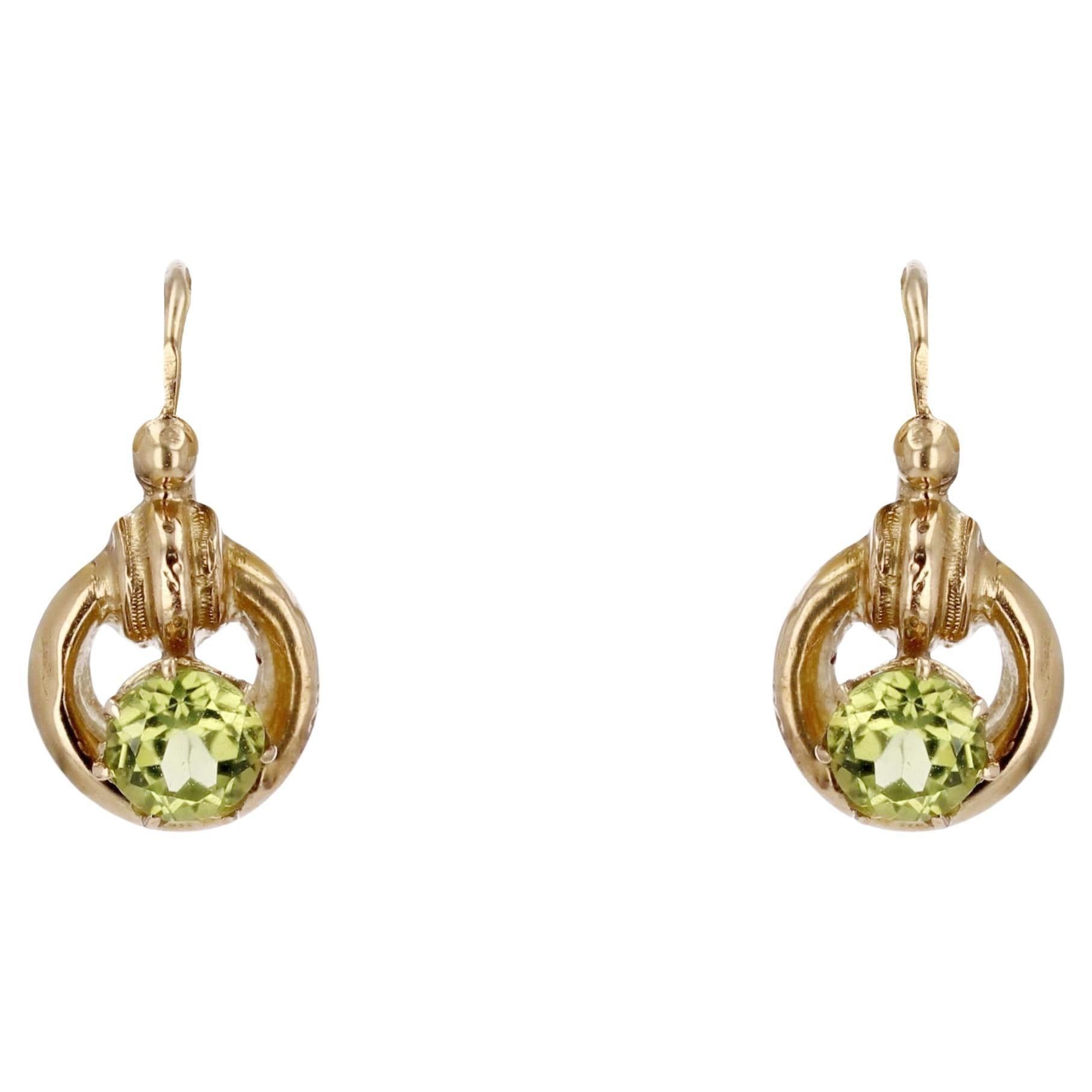 image of Vintage 20Th Century Peridot 18 Karat Yellow Gold Lever-Back Earrings, Women's