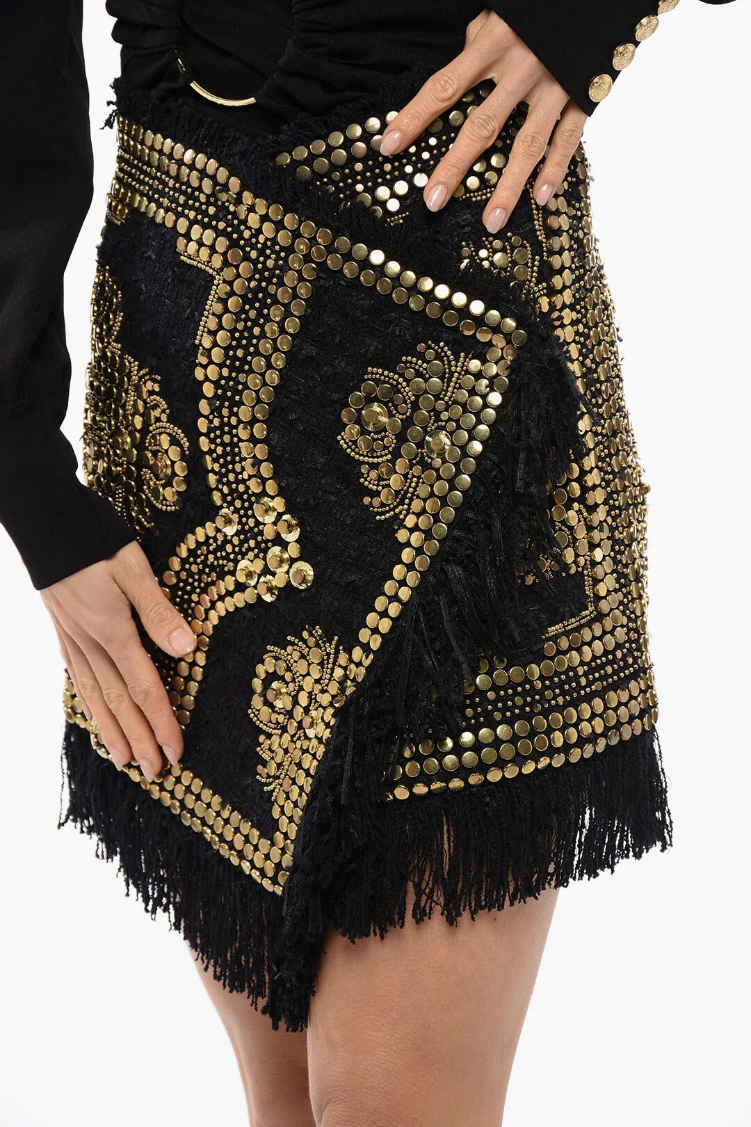 Balmain og1mm0326 Fringed Wrap Mini Skirt in Black Size 38" / US 16 / IT 52 - 3 Thumbnail