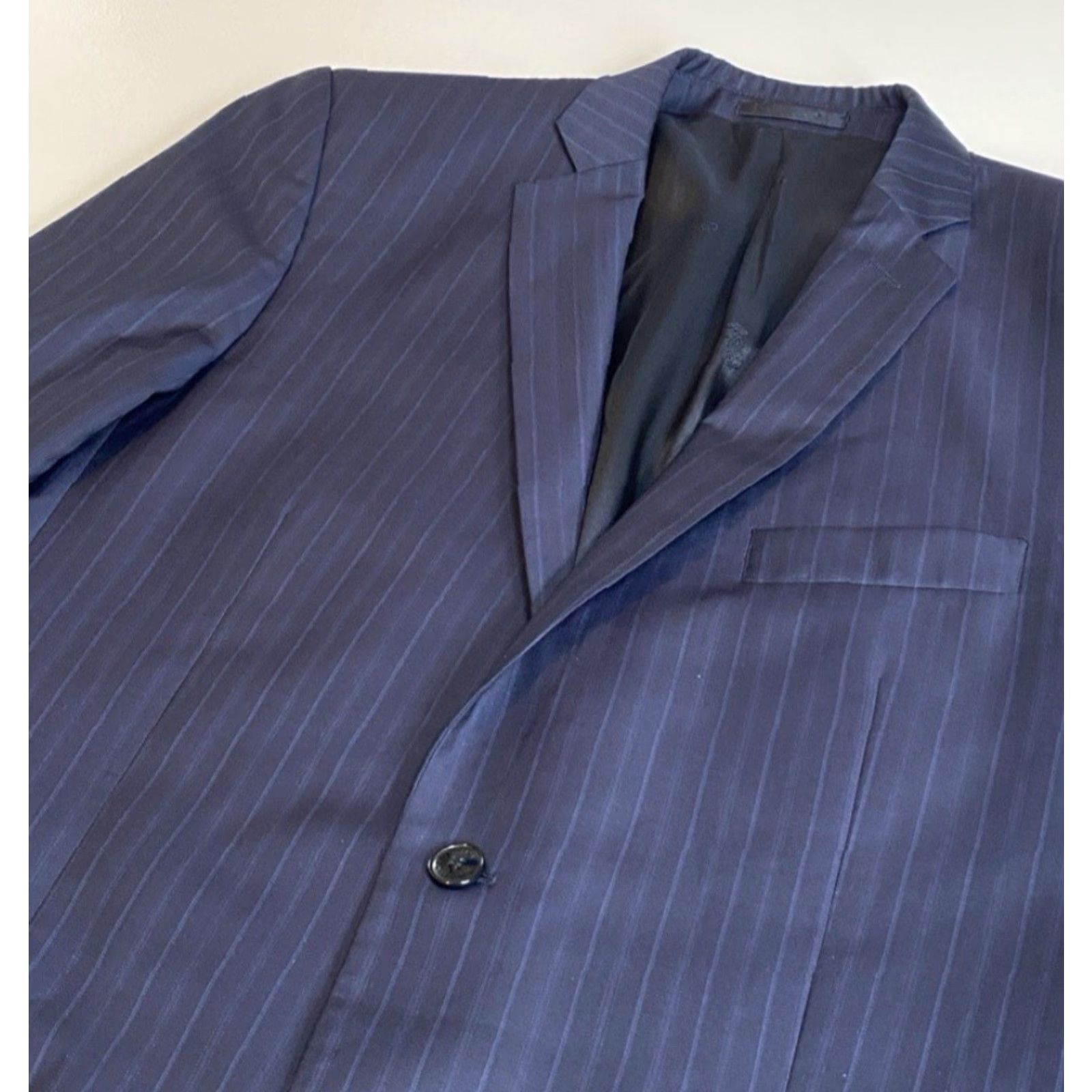Versace VINTAGE Versace Collection Men's Wool Suit Jacket Navy 40 IT 50 Single-Breasted Two-Button Striped 3-Button Sleeve Regular Adult Mens Size 40R - 6 Thumbnail