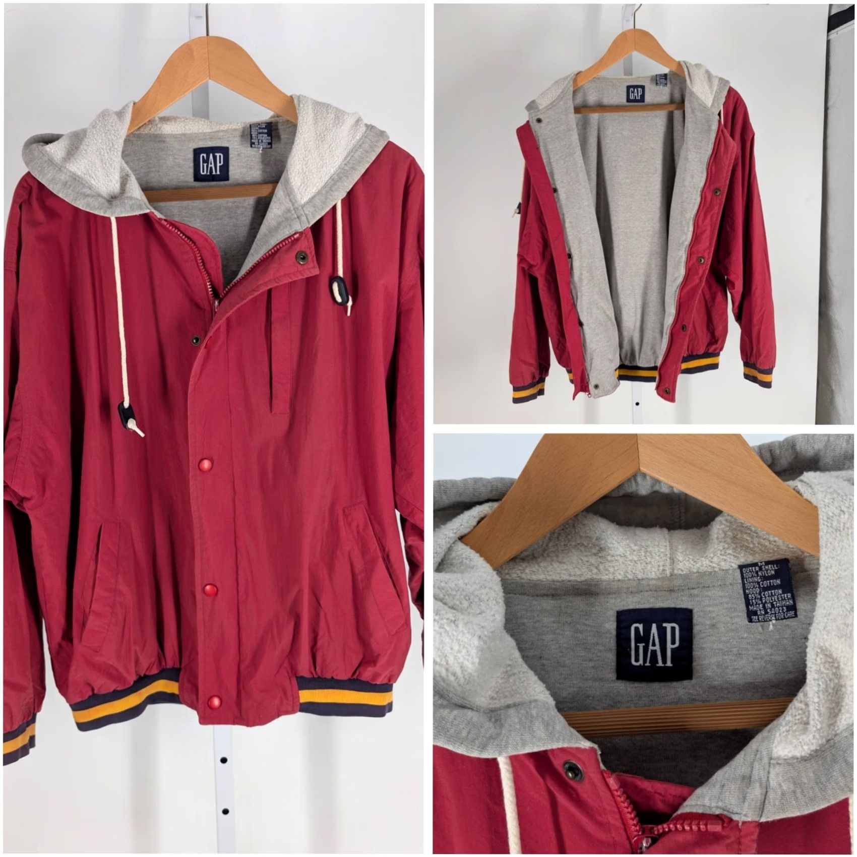 Gap VINTAGE Gap Bomber Jacket Hooded Nylon Lined 90s M Taiwan Red Jersey Cotton 25.5" Mid-Length Mens Size US M / EU 48-50 / 2 - 2 Thumbnail