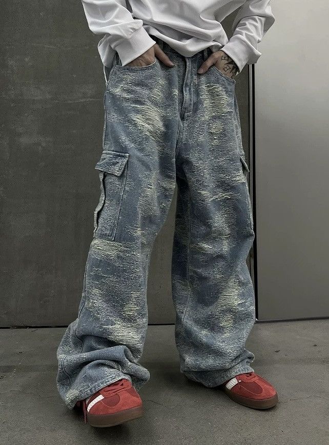 Japanese Brand × Vintage Avant garde distressed loose fit grunge cargo jeans pants Size US 31 - 1 Thumbnail