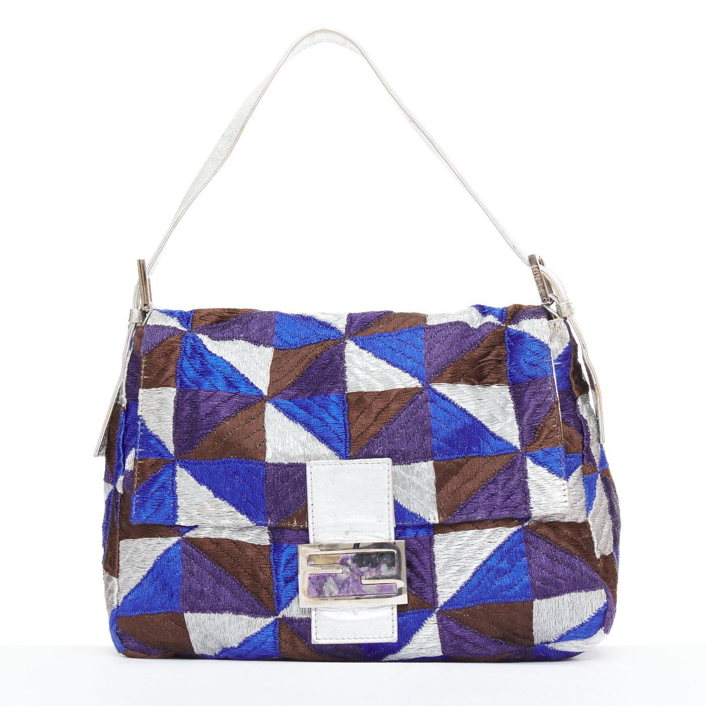 Fendi Vintage Mamma Baguette Blue Silver Purple Fabric Shoulder Bag, Women's