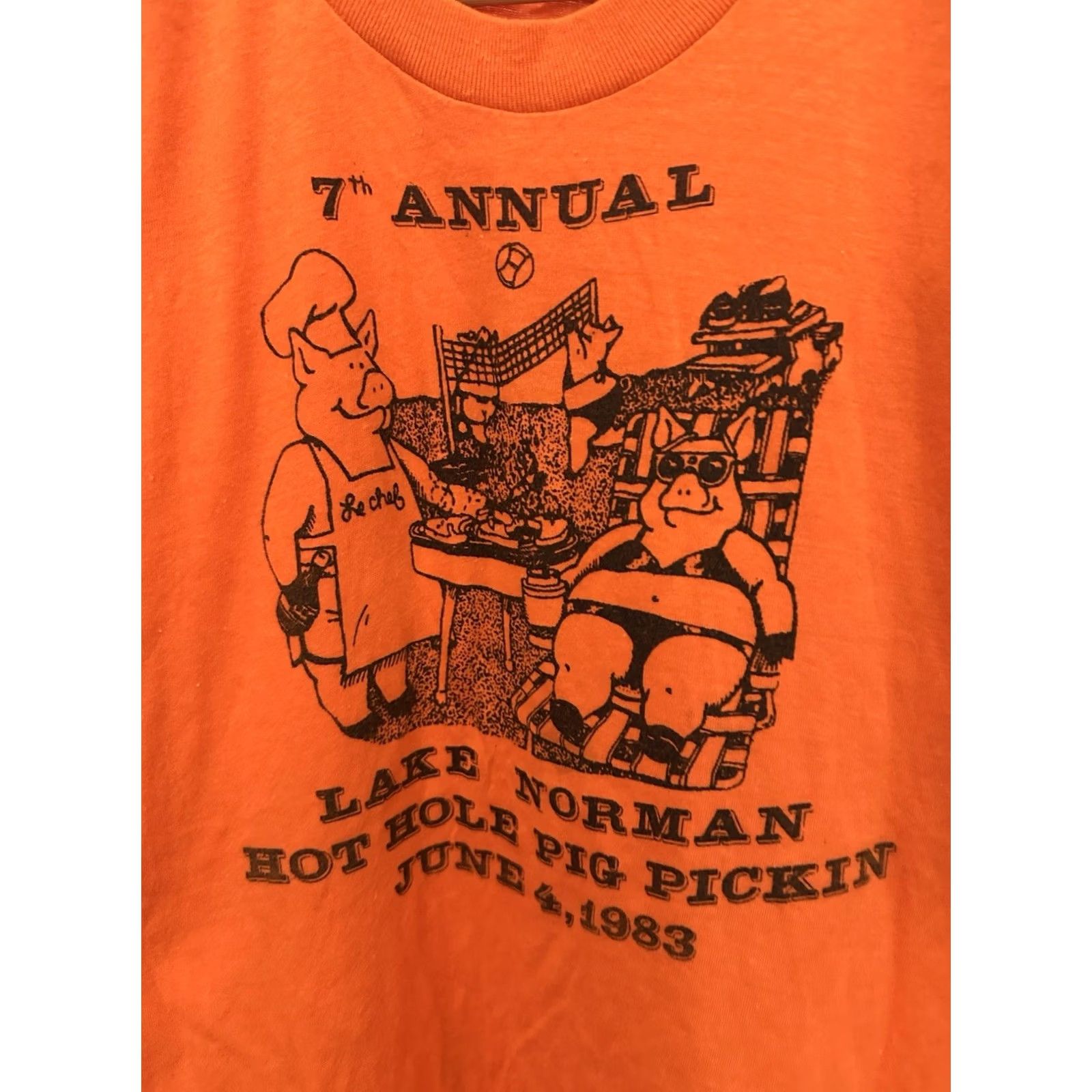 Vintage VTG 80s Lake Norman Pig Pickin Bikini Paper Thin T-Shirt Size M Shirt Men Orange XS? Size US M / EU 48-50 / 2 - 3 Thumbnail