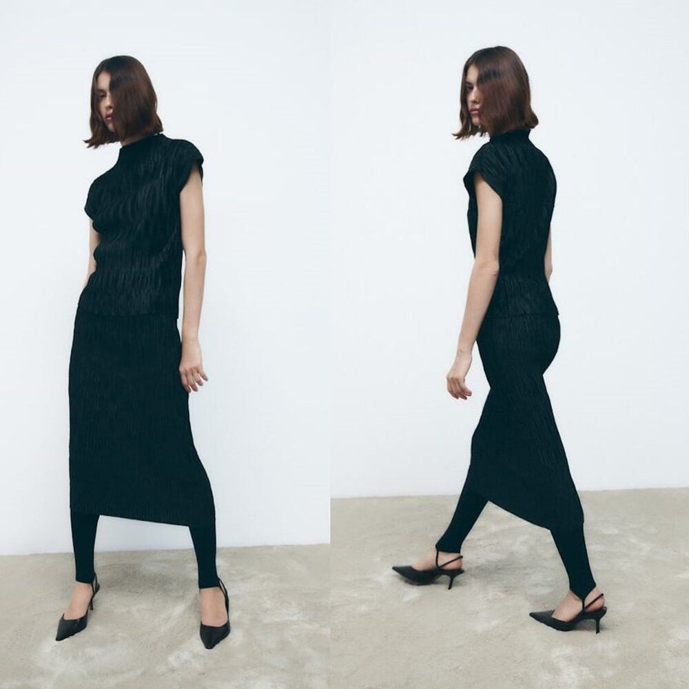 Zara NWT New Zara Black Pleated Midi Skirt 4886/484 Size S Size 28" / US 6 / IT 42 - 1 Thumbnail