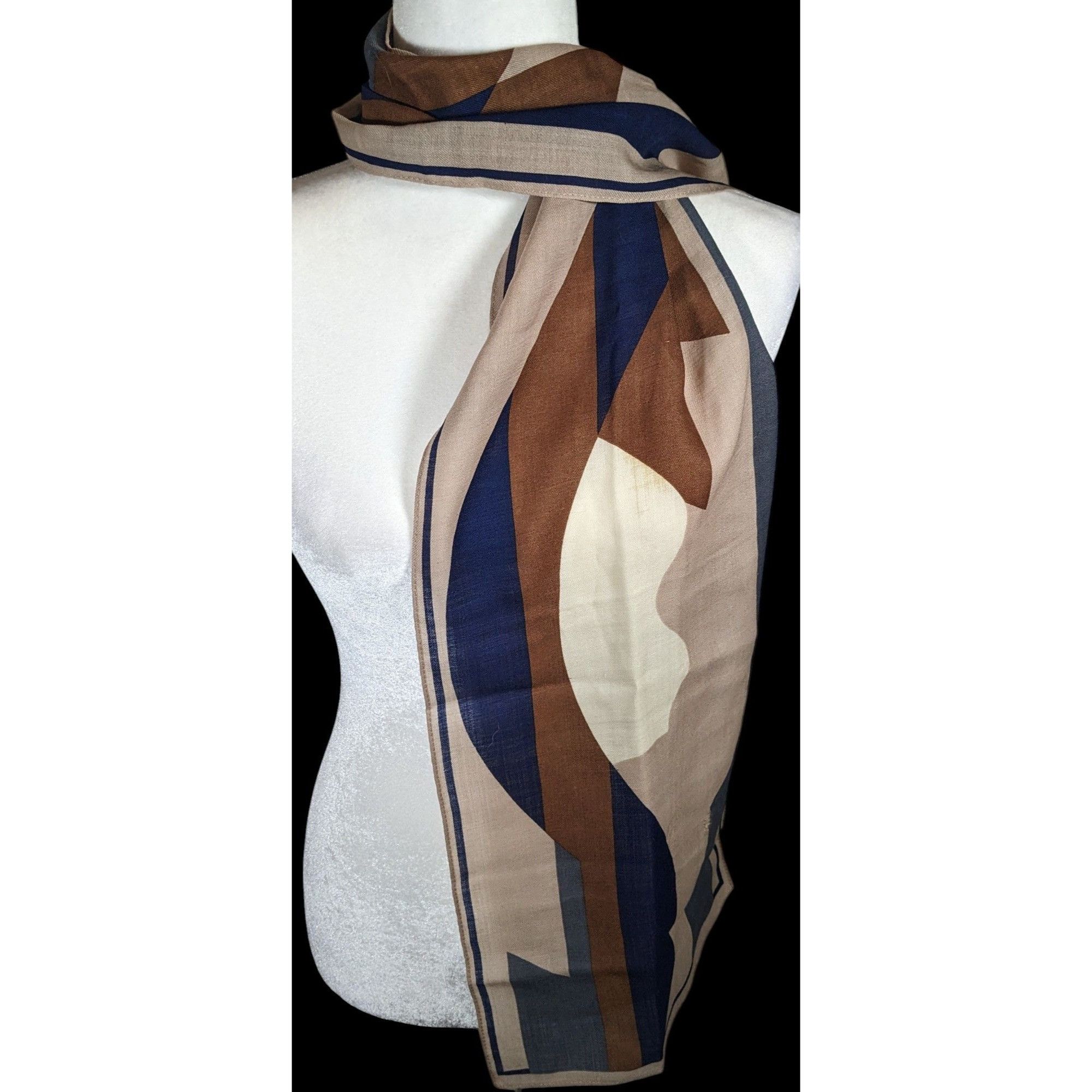 Other Vintage 70s Brown And Blue Abstract Geometric Scarf Size ONE SIZE - 2 Thumbnail
