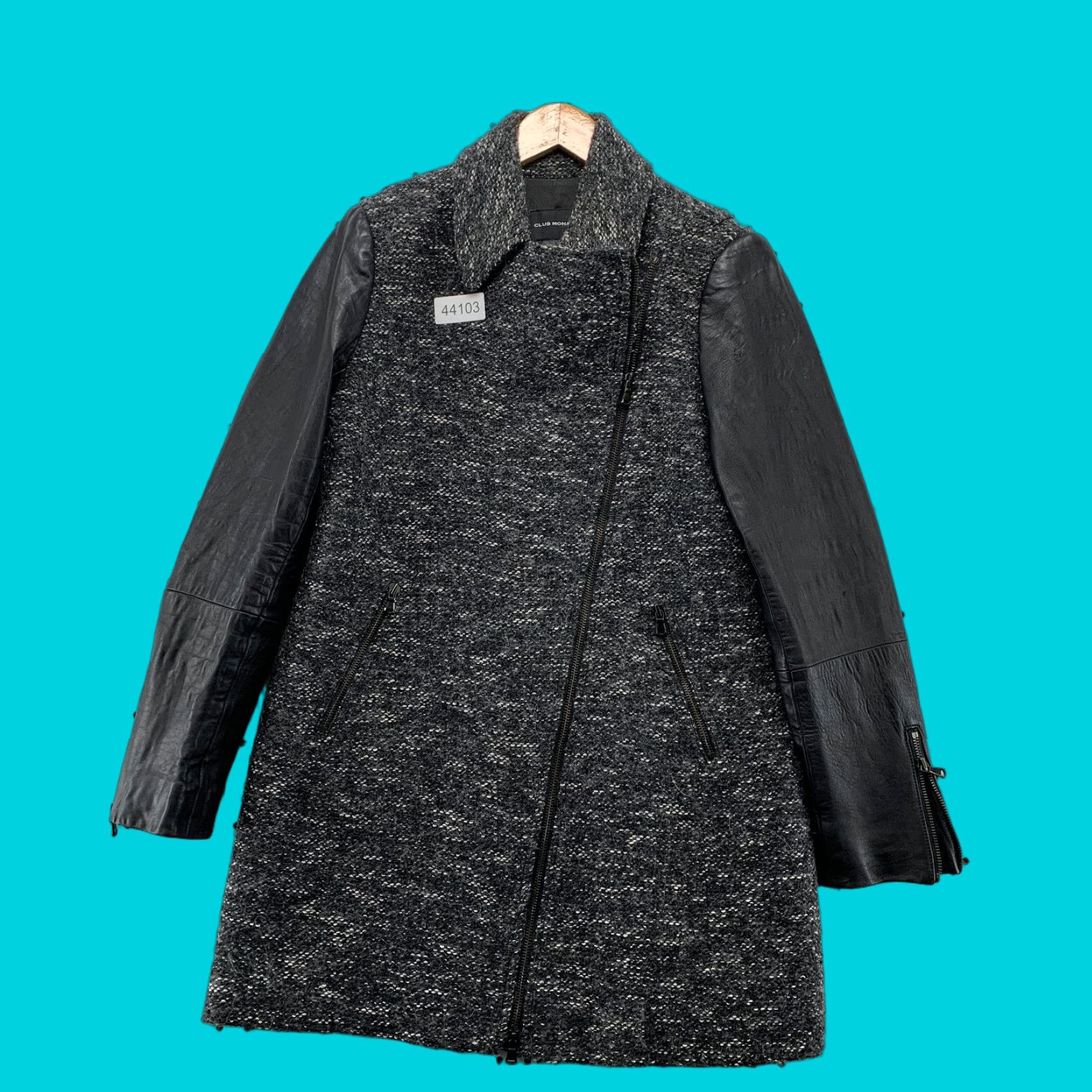 Club Monaco Coat Wool Tweed Zip Gray Wool Lamb Leather Sleeve Womens M Medium Gray 90s Alpaca Blend?