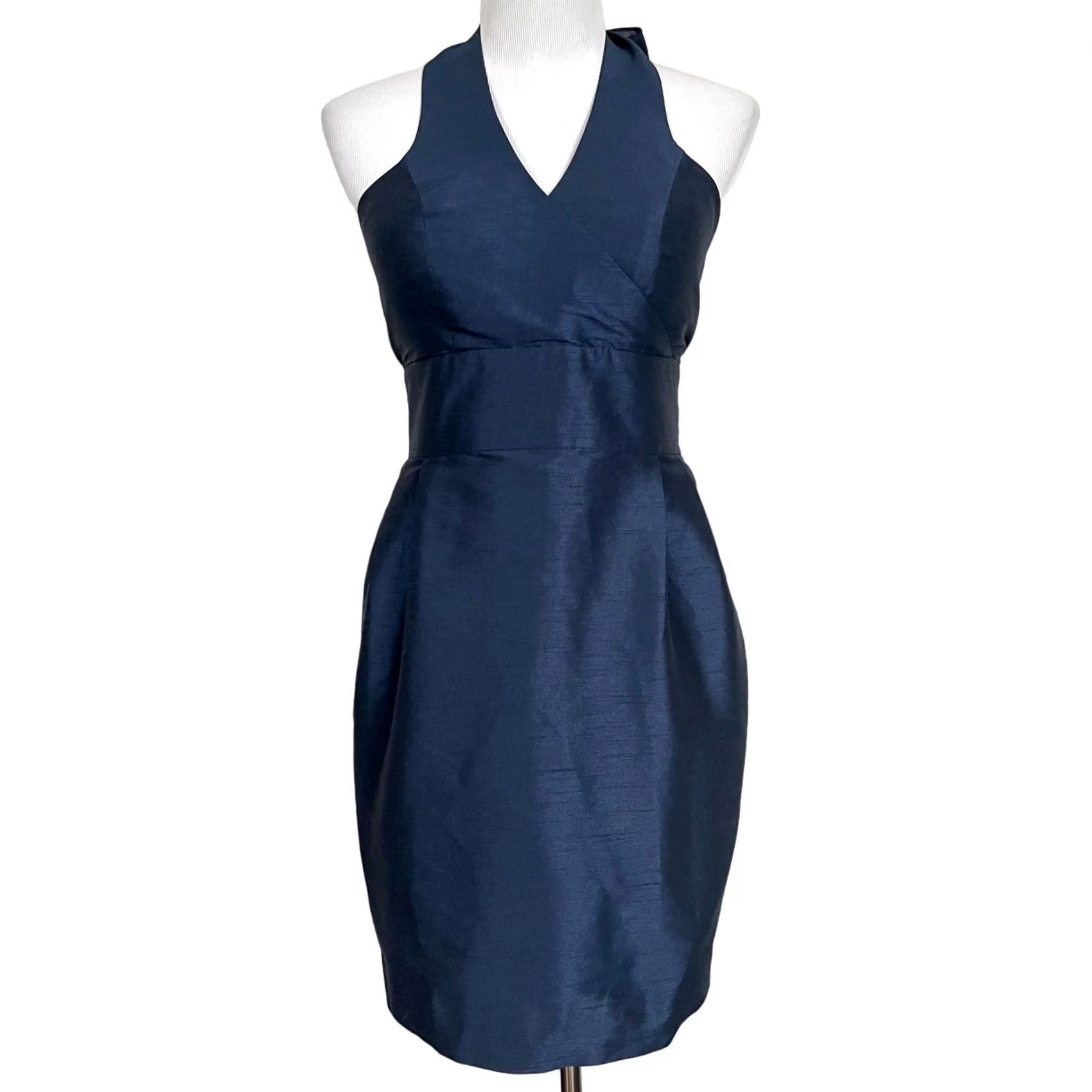 Vintage Lula Kate Halter Dress Dupioni Silk Dark Blue Party Cocktail V-Neck Sz 4 Dress Sleeveless Silk 100% Formal Women Size S / US 4 / IT 40 - 2 Thumbnail