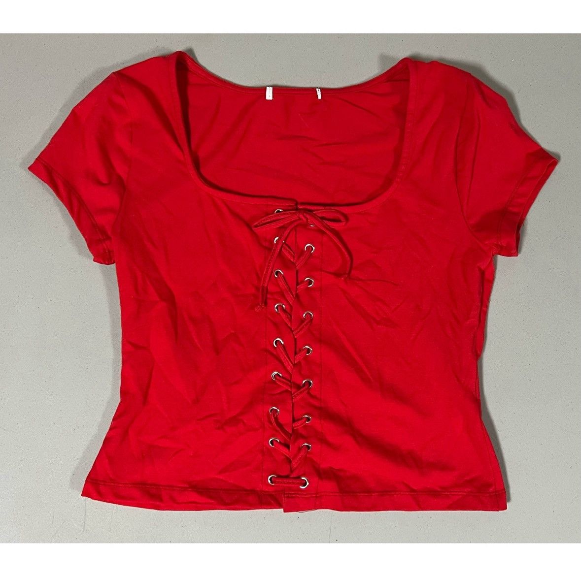 Japanese Brand Red Solid Tie-Up Short Sleeve Tee T-Shirt Top Blouse Size M❤️ Size M / US 6-8 / IT 42-44 - 1 Thumbnail