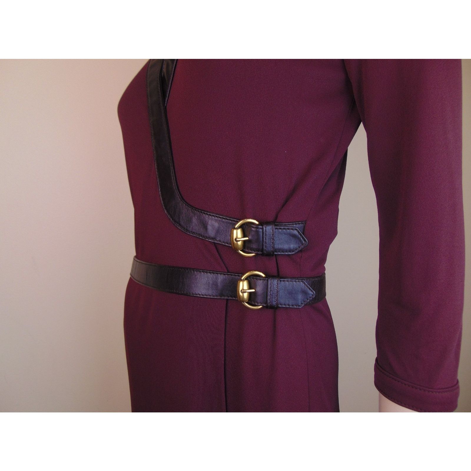 Gucci GUCCI BURGUNDY VISCOSE LEATHER BELTED BUCKLES DRESS 40 IT Size S / US 4 / IT 40 - 4 Thumbnail