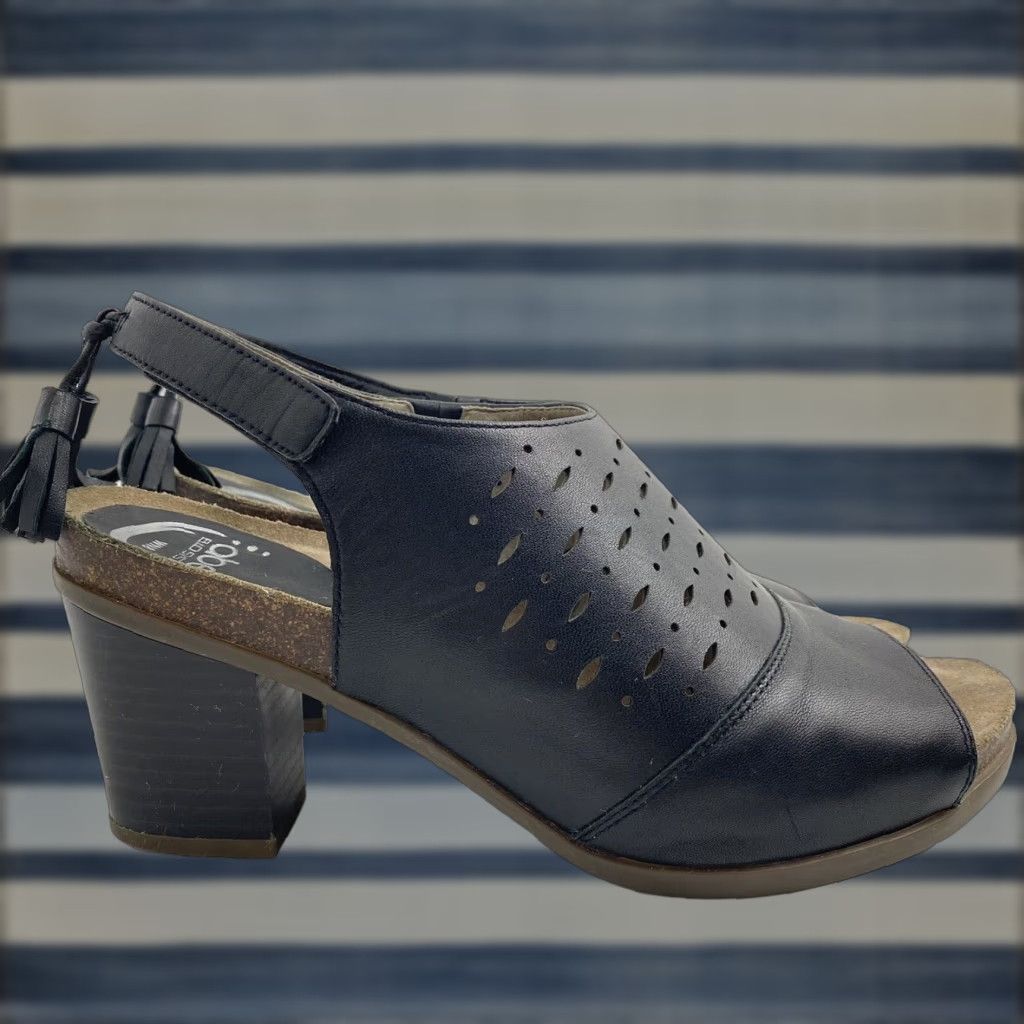 Vintage Abeo B.i.o. System Berrie WomenS Slingback Sandals Size 8 Black Leather Block Heel Shoes Tasseled Casual Classic Bohemian, Women's