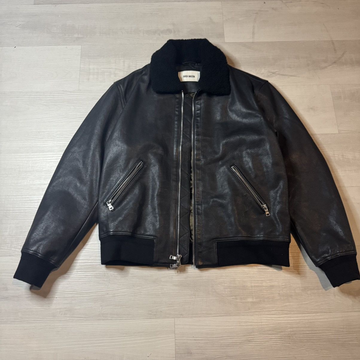 BUCK MASON Men's XL Black Leather Bomber Jacket Shearling